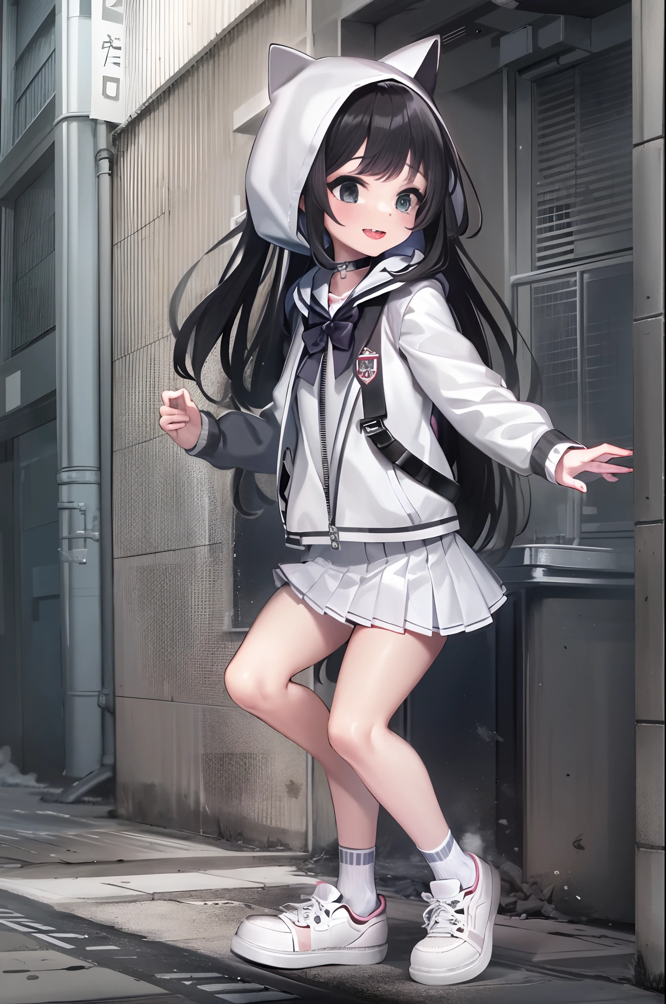 1girll, Two legs, Two hands, Bigger than the building, White jacket, Animal hood, White socks, Sneakers, Open jacket, Pleated skirt, Black skirt, Black sailor collar, Black choker, school uniform, Black shirt, puffy long sleeves, standing, Smile, Naughty, Anatomically correct, Textured skin, GTSCity