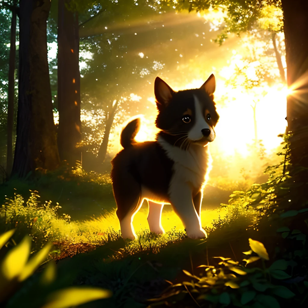 (best quality: 1.2), (masterpiece: 1.2), (realistic: 1.2),  closeup photo, a very cute jumping puppy in the forest, soft volumetric lights, (looking at the viewer: 1.3), (backlit:1.3), (cinematic:1.2), intricate details, masterpiece