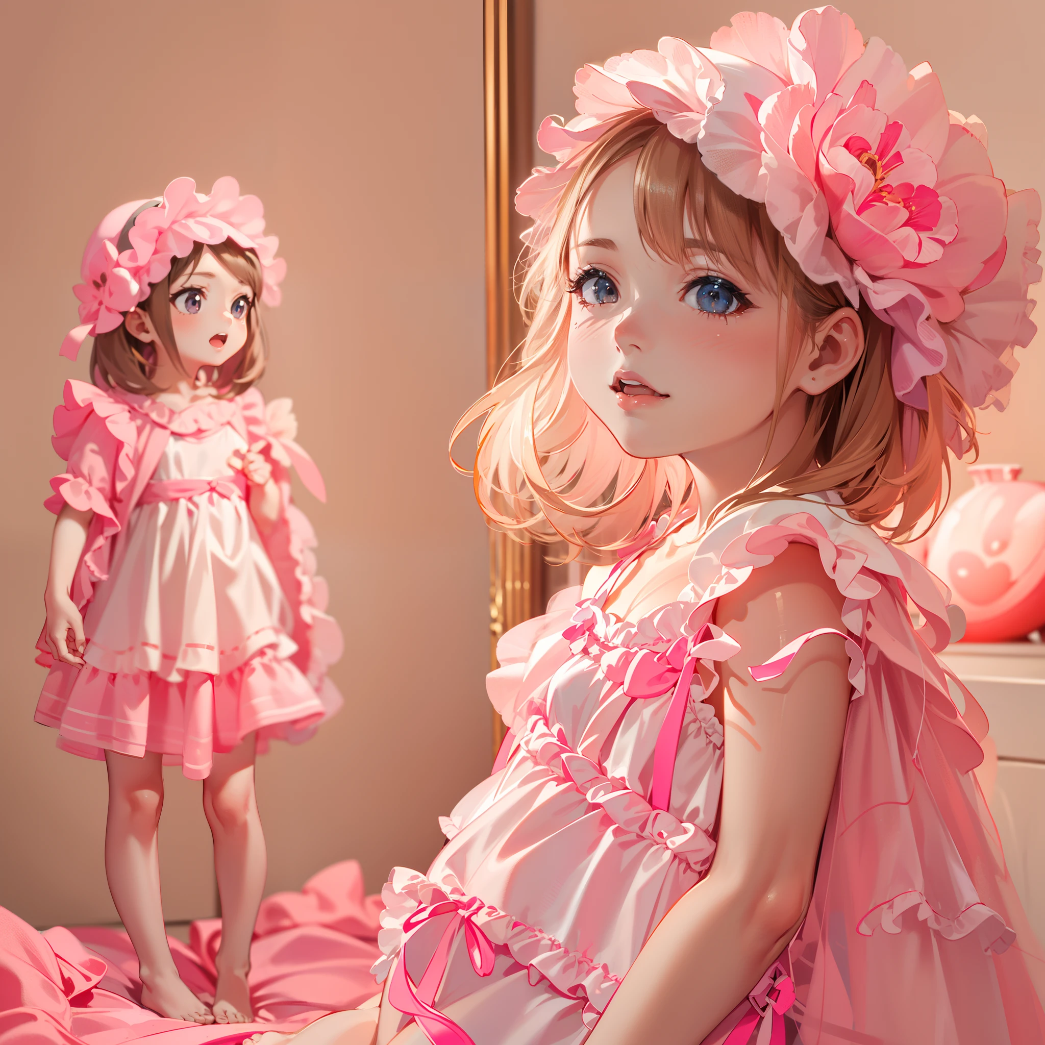 very cute female child:1.5,10 yo,Clothes with peach-colored ruffles:1.8, Barefoot, Summer,dutch angle shot,low angle,full body shot,medium shot,flat chest:1.5,nsfw:1.3, Cute PINK Living room:1.8,4K, (Raw photo: 1.2), (masutepiece: 1.3), (exquisite detailing: 1.2), Delicate and beautiful details, (Eye Detail), (Facial Detailed), (Highest Quality) :1.4), (Hyper-Resolution: 1.2),(very detailed illustration), Best Quality,depth of fields, Wide light, natural shadows