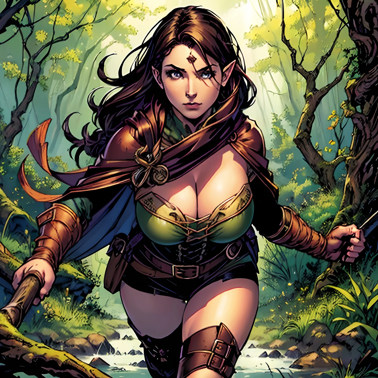 (masterpiece, top quality, best quality, official art, beautiful and aesthetic:1.2), (1girl:1.3), dark brown hair in a single braid, extremely detailed, portrait, looking at viewer, solo, (full body:0.6), detailed background, close up, cat eyes, (warm summer forest theme:1.1), (elf) ranger, charlatan, smirk, mysterious, running in forest, revealing ranger attire, brown leather, cowl, cloak, corset, long boots, buckles, straps, pouches, bow and arrow, green fabric, brown leather, ((((gigantic breasts, cleavage, skindentation)))), slim waist, slim hips, long legs, medieval (forest exterior:1.1) background, dark mysterious lighting, shadows, magical atmosphere, dutch angle