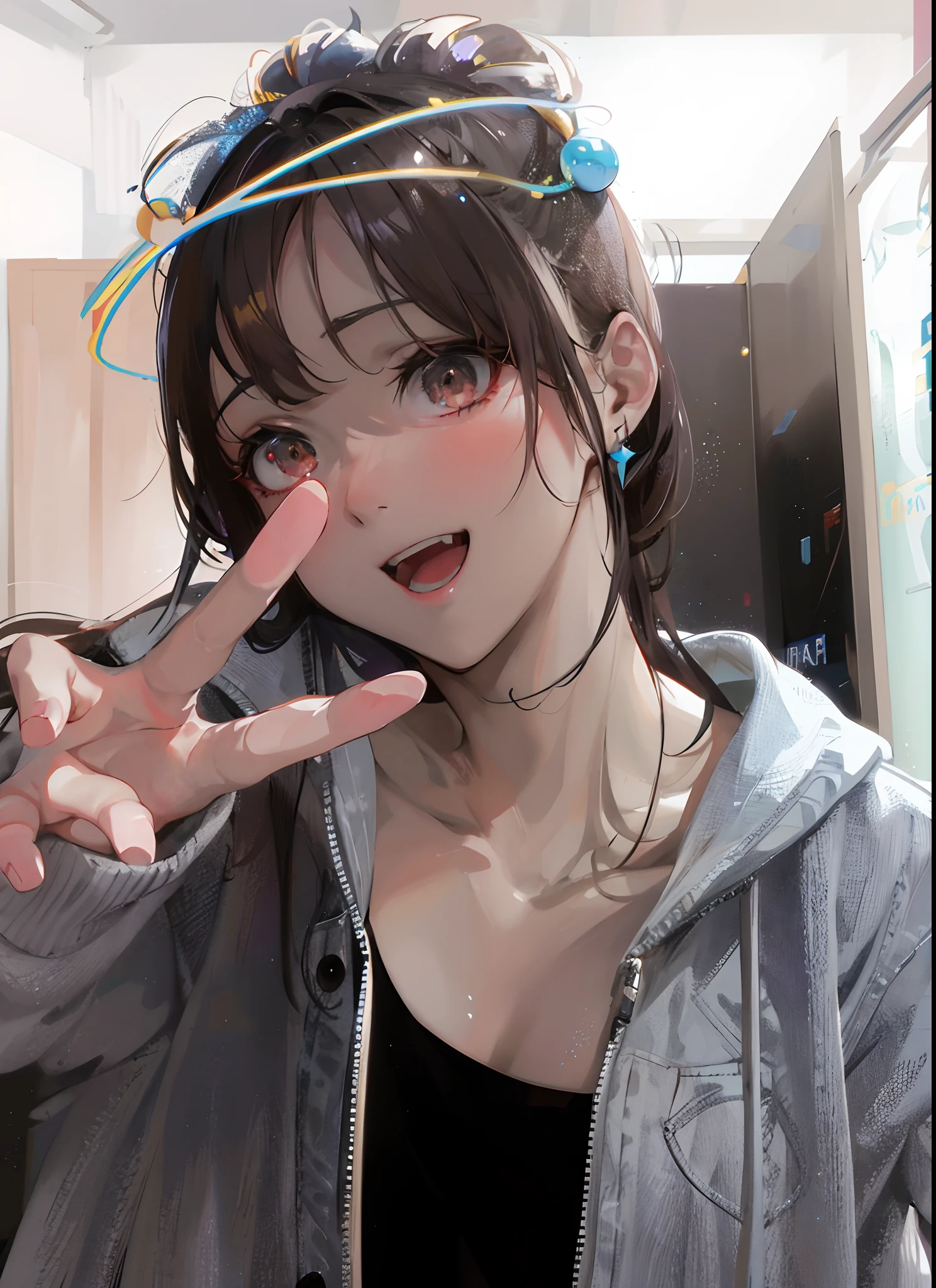 top-quality、tmasterpiece、high high quality、tre anatomically correct、Textured skin、The is very detailed、A high resolution、high detal、hyper HD、8K、Precise、hentail realism、RAW photography、Photorealsitic、hugefilesize、kanon、135mm、f/1.8、shiny skins、(nogizaka girl)、Realistic body、White skin of the、Curta、slenderness、Perfect body proportions、A brown-haired、wavy and long hair、By bangs、lifelike face、Beautifully detailed eyes、big beatiful eyes、(Cheerleaders、sports bikini、A miniskirt、low angles:1.2)、The cheerleader jumps in the air、in a jumping float pose、cheer、kawaii playful pose of a dancer(Arms up + cheerfulness)、being delighted and cheerful、Happy and cheerful look、The best lighting、细致背景、detailed shadow