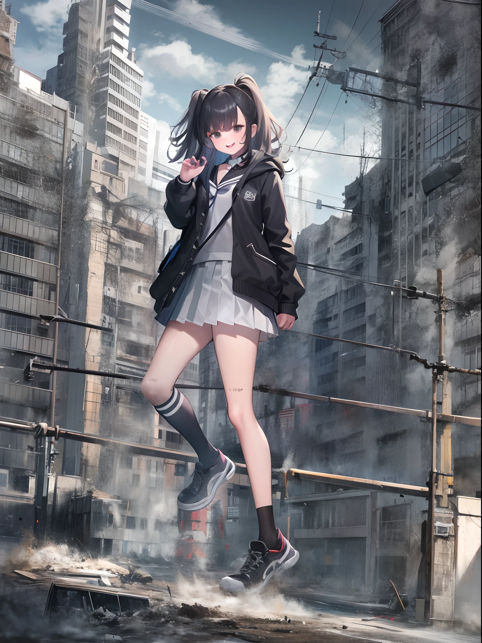 1girll, Two legs, Two hands, Bigger than the building, White jacket, Animal hood, White socks, Sneakers, Open jacket, Pleated skirt, Black skirt, Black sailor collar, Black choker, school uniform, Black shirt, puffy long sleeves, standing, Smile, Naughty, Anatomically correct, Textured skin, GTSCity, Destroyed buildings, City model,