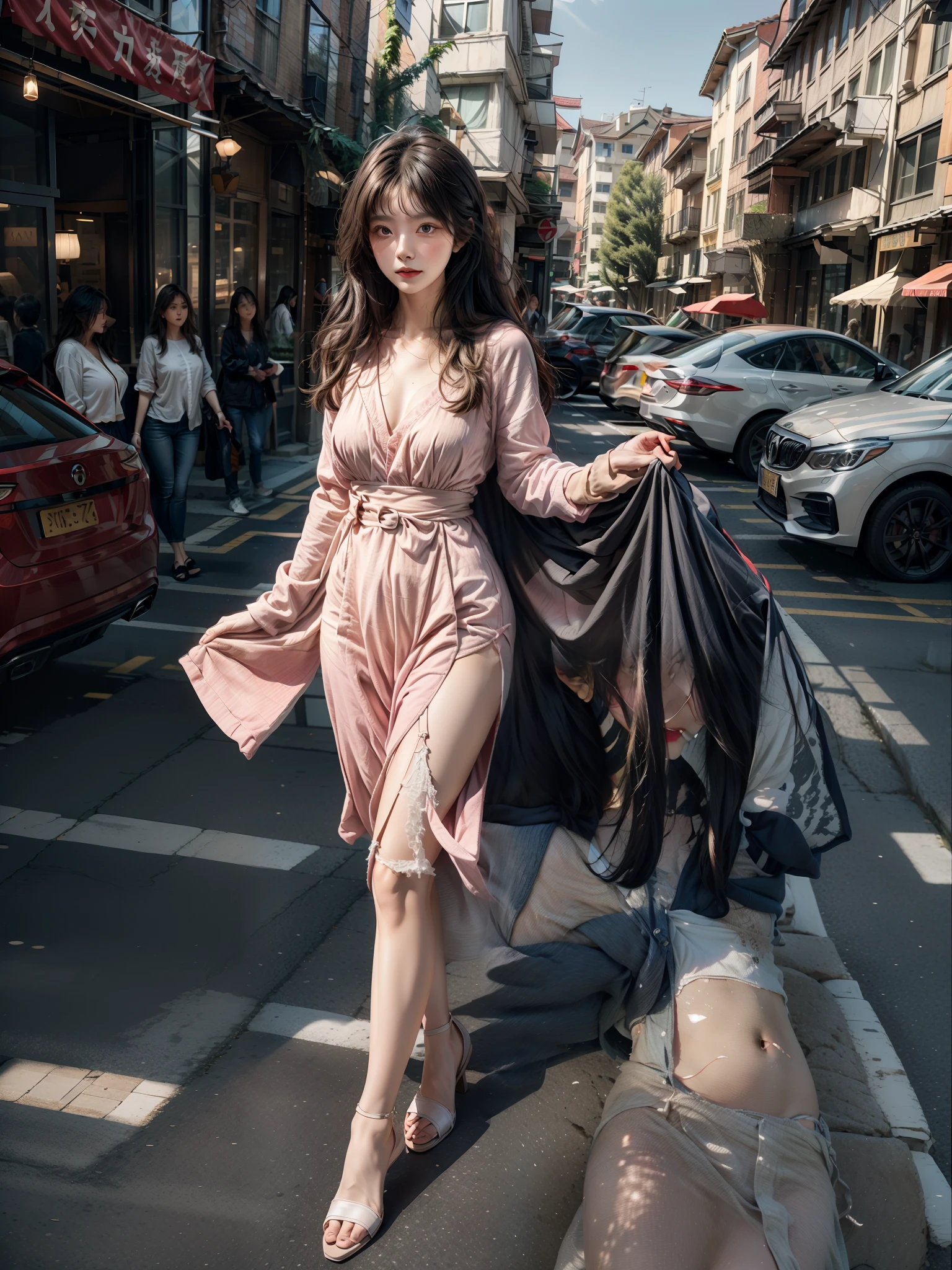 4k高清,Asian beautiful girl,夏天,Street photography during the day,Long legs and long hair,In the beautiful big daylight,A charming beautiful girl strolls through the bustling streets,The vibrant scene is intoxicating。The streets are lined with bustling shops and beautiful buildings,The facades of the building are brightly colored,The street lights are bright。Sunlight shines through the gaps in high-rise buildings,Illuminated the entire neighborhood。People are shuttling through it,Bustling,Create busy but vibrant pictures。
She wears trendy streetwear,The perfect combination of personality and style。She wears a slim white thin shirt,The neckline is trimmed with lace,Highlight her elegance and femininity。Wear yours with a tulle skirt,Make her look relaxed,At the same time, The slim design accentuates her curvaceous beauty。It's subtly embellished with a sleek striped belt,It adds a stylish touch to the entire outfit。Her shoes are a pair of high heels,She also carries a small but stylish handbag,The delicate jewelry decoration exudes a sense of luxury。
The whole scene is heartwarming,Let people feel the vitality and beauty she brings。The feminine appearance of this beautiful girl、Her slim figure and stylish clothing make her the focus of street photography,The entire street background complements her excellent look,Make a deep and lingering impression。High-resolution live photos,fully body photo