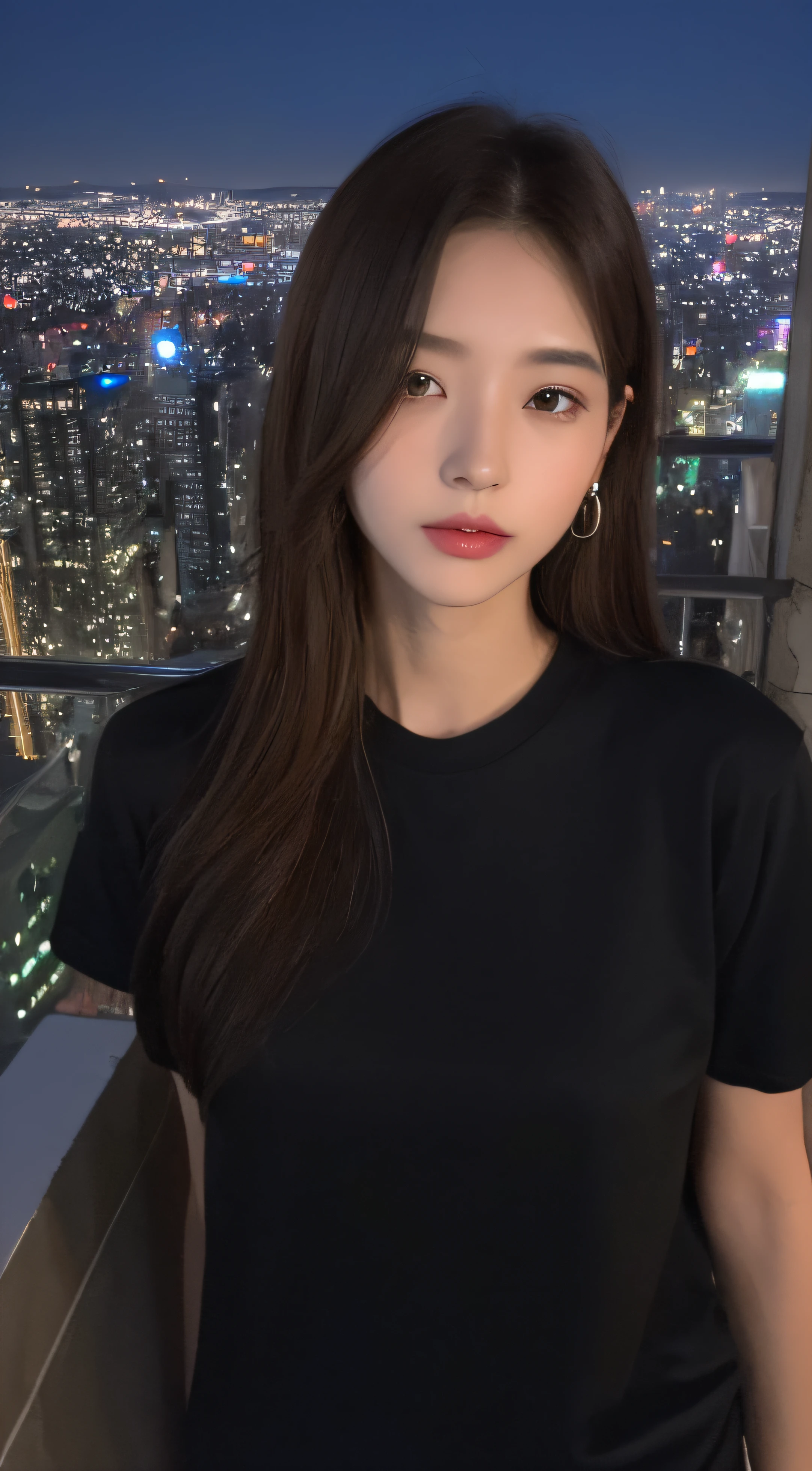 ((mid night、top-quality、8k、​masterpiece:1.3)), full bodyesbian, long legged, Men with muscular body:1.4, Slender Abs:1.1, ((dark brown  hair、Long body)), (Black tight plain t-shirt、is standing:1.2), ((Night City View、On the rooftop:1.3)), Highly detailed facial and skin texture, A detailed eye, 二重まぶた、Korean、Piercing in the left ear、Lustrous hair、youth、Korea person、male people