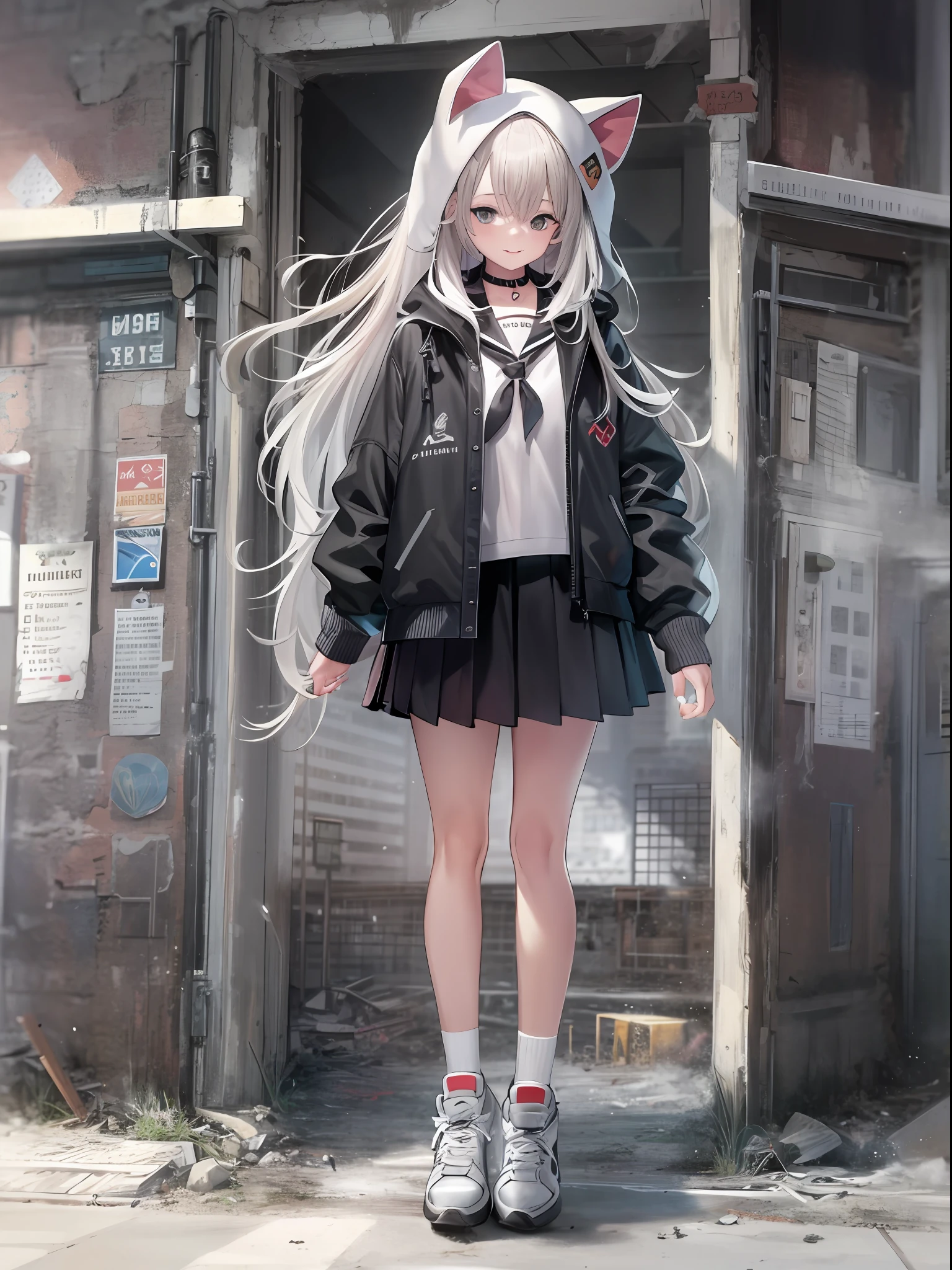 1girll, Two legs, Two hands, Bigger than the building, White jacket, Animal hood, White socks, Sneakers, Open jacket, Pleated skirt, Black skirt, Black sailor collar, Black choker, school uniform, Black shirt, puffy long sleeves, standing, Smile, Naughty, Anatomically correct, Textured skin, GTSCity, Destroyed buildings, City model,