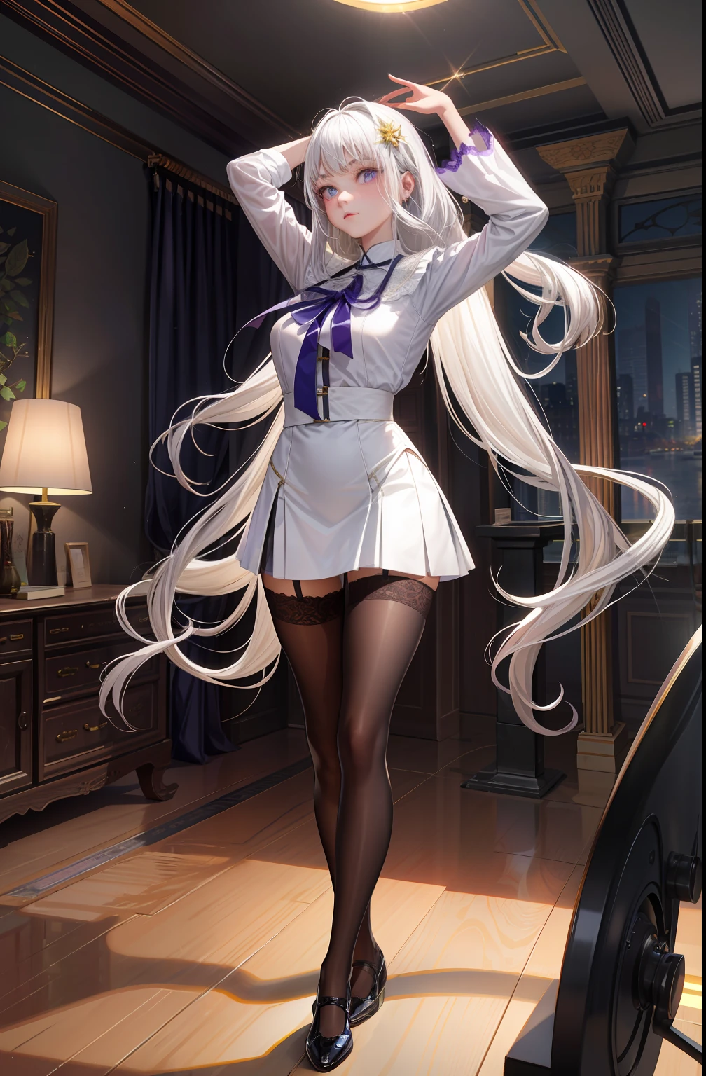 realisticlying,1girll,White hair,Purple eye,glowing light eyes,Cut the top,a skirt,parted lip,Be red in the face,the night,fresh flowers,suns,rays of sunshine,long leges,blacksilk,The stockings have lace trim on the thighs,Lace trim makes up one-fifth of the thigh,Wear small leather shoes,The sole is slightly thicker。
