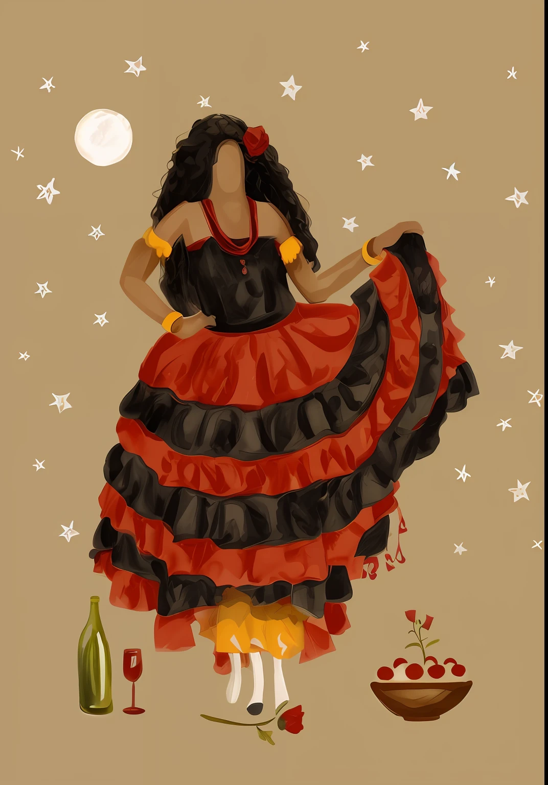There is a woman in a dress who is next to a bowl of food, folkloric illustration, inspired by Angel Botello, Folclore mexicano, Por Reyna Rochin, Noite!, Fanart, inspirado em Chica Macnab, Carmen canta lindamente, inspirado em Oswaldo Viteri, digital illustation, illustration!, ☁🌪🌙👩🏾