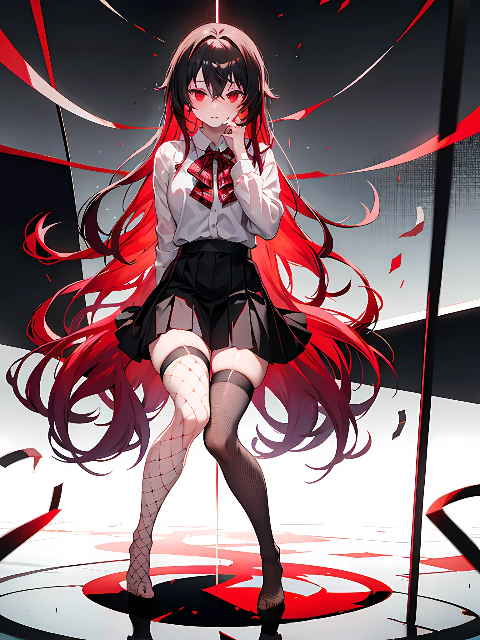 fishnet stockings, bare footed, long flowing hair, short black skirt with a red check, Cocker on his feet, a little shy