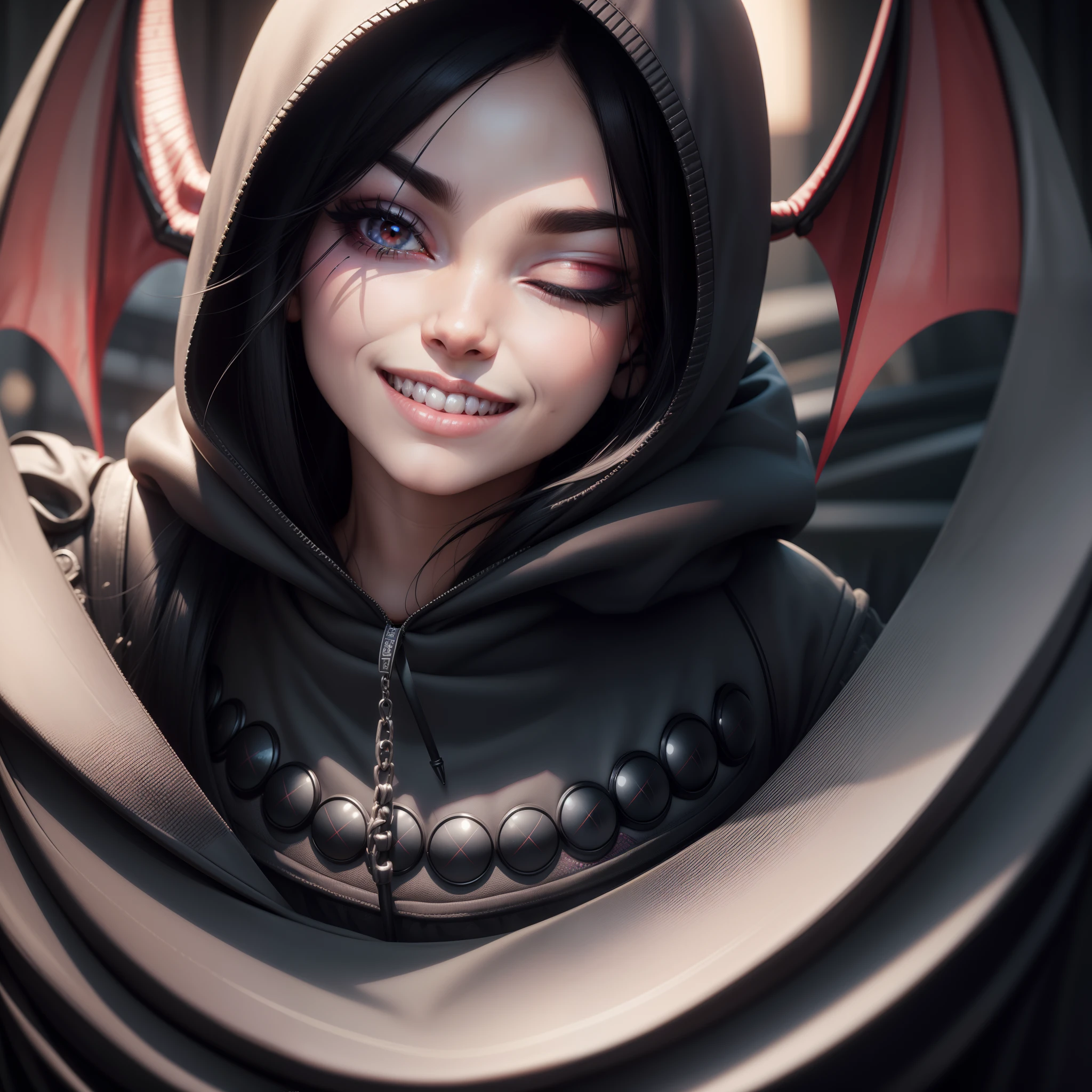 black hair, hood, mismatched pupils, mismatched sclera, one eye closed, wide eyes, devil eyes, makeup, light smile, teeth, Surrealism, first-person view, pov, 8k, super detail, UHD, masterpiece, super detail, super detail, super detail, 16k