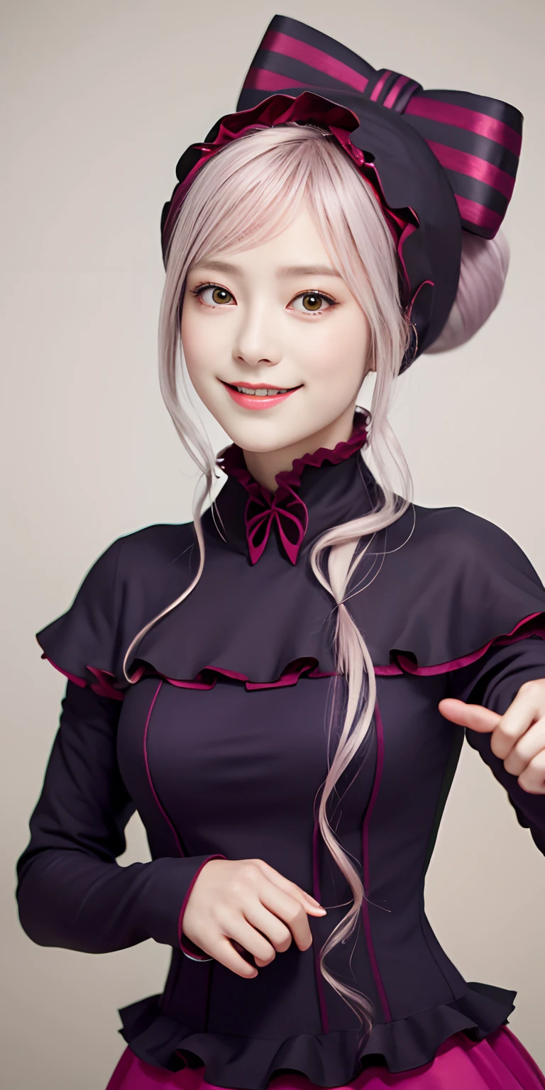 , top-quality, ShalltearV4, 1girl in, 独奏, doress, frilld, the bow, Hair Bow, tusk, Bewitching smile, pale-skinned, Shines, radiant eyes, portraitures,Complete body,