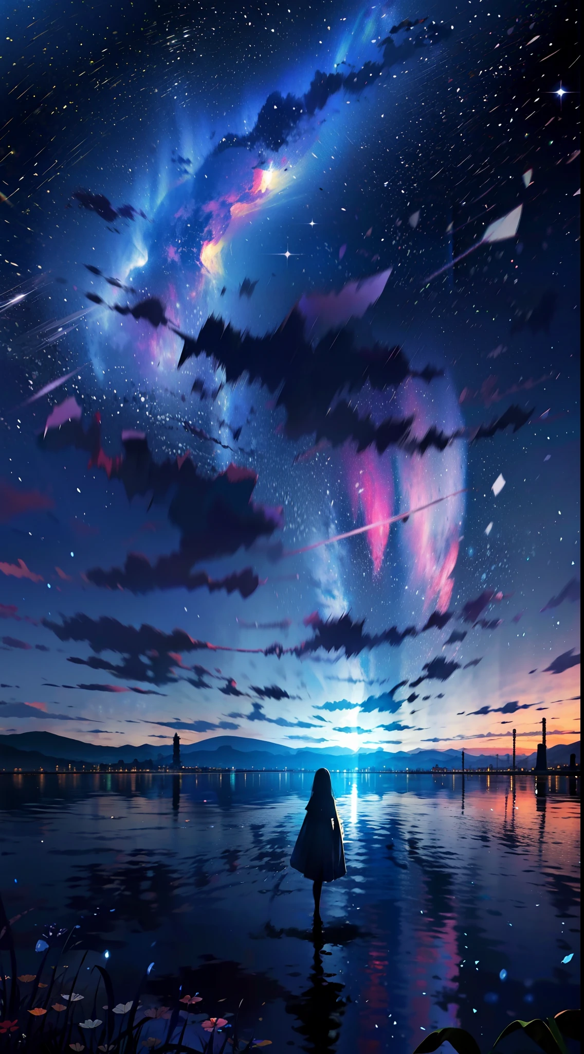 （（best qualtiy））， （（tmasterpiece））， （（Long-range shots）），early evening， A strange woman，Standing on the surface of the lake，Look at the sky，The Milky Way is in the sky，