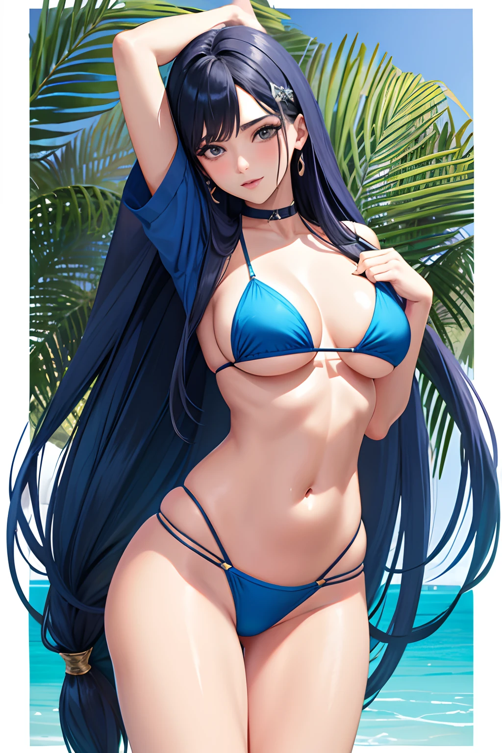 1 mujer, madura, pechos grandes, cadera grande, muslos grandes, Bikini azul, cabello amarillo, Cabello largo, tetas grandes, coletas,