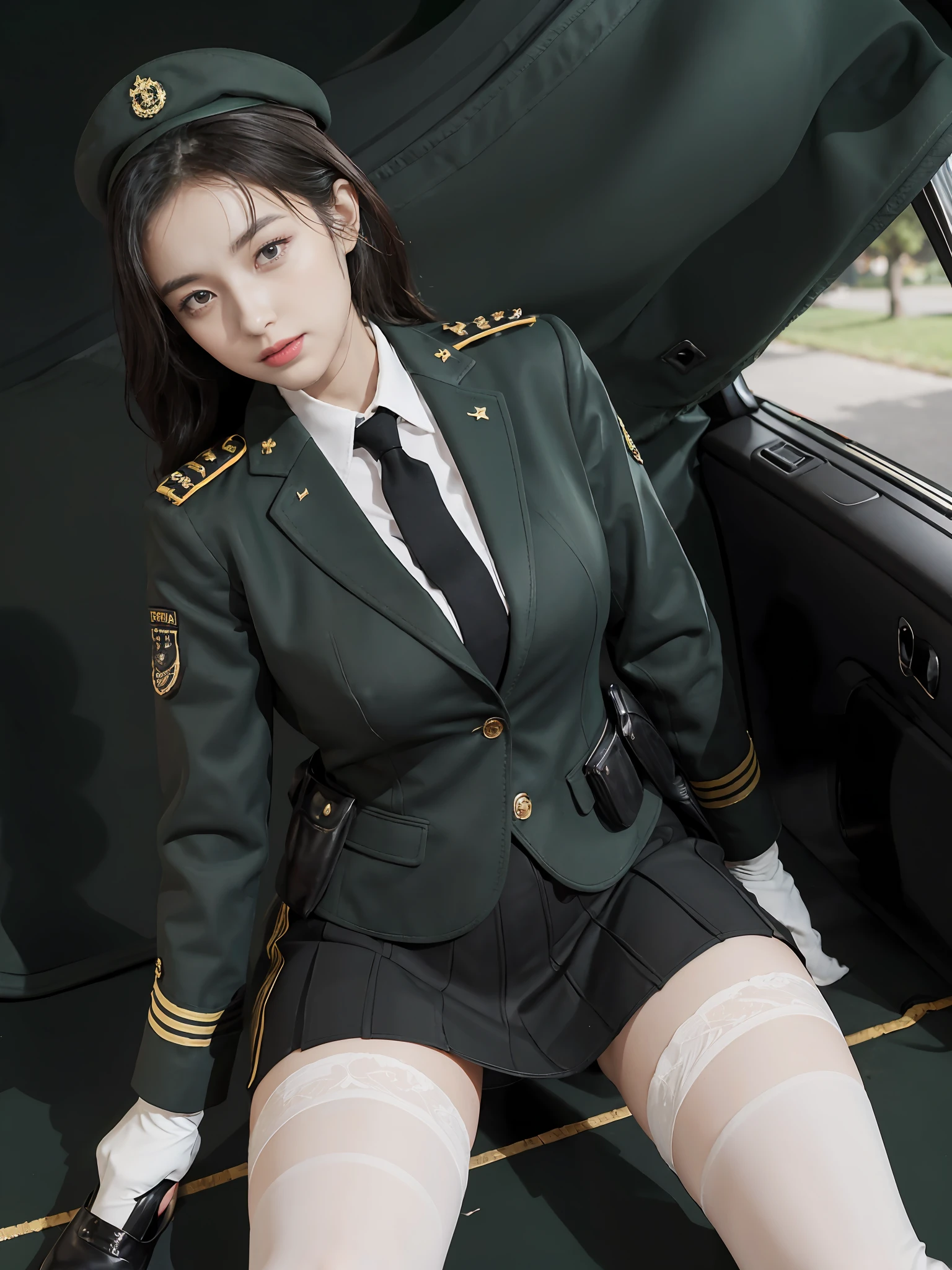 Very detailed CG unity 8K wallpaper，（tmasterpiece），（best qualtiy），（ultra - detailed），（Ultra photo realsisim），（best character detail：1.36），Nikon D750 f / 1.4 55mm，profesional lighting， physically-based renderingt, 1girll, Female soldier，army suit，Green military uniform，Fabric texture military uniform，Pure white lining，Dark green tie，Army green skirt，military hat，Black hair，the golden ratio,[:(com rosto detalhado:1.2):0.2]:,PureErosFace_V1, broad shoulder,(Bigchest:1.5),(big assa:1.5)，Wide buttock ，Bare legged，Plump legs，Move the center of gravity back，Squat on the grass，whitestocking，Small black leather shoes，hands lying on thighs，Soaked with sweat，red flags，At the cafe，Night Street，bright sun，Look at the audience from the front，Bright smile，White teeth，lighting，Contre-Jour，