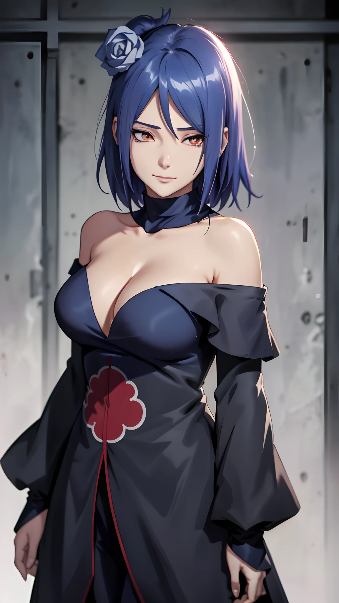 （8K，RAW photos），（best qualtiy），（tmasterpiece），（realisticlying，）（Photorealistic and realistic），（A high resolution），Hyper-detailing，（hentail realism：1.1），beauitful face，1girll，，looks into camera，jpn，Xiaonan\（Naruto\），（AKATSUKI OUTFIT：1.1），(((cleavage)))，(((Off-the-shoulder attire))),ssmile，（Be red in the face），upper body photos，dark-blue hair，（Flying White Paper:1.5），profesional lighting、photon maping、physically-based renderingt、Dark theme