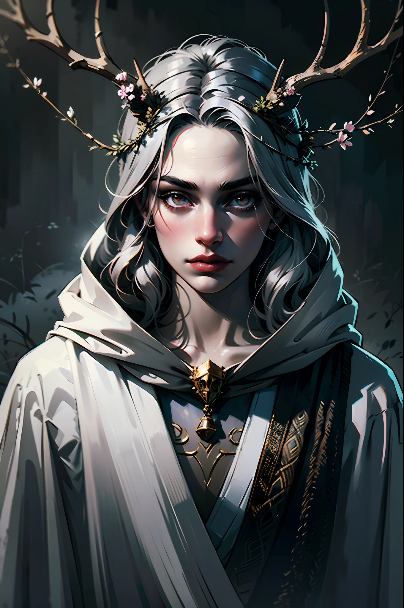 (Masterpiece:1.2), (Gloomy color scheme), Girl with gray hair, Portrait Of Girl, Druid, with large deer antlers on the head, (A complete overview of the horns), long straight hair, ((slim physique)), She is dressed in a robe with a hood on her head, wrapped in branches with flowers, 8k high quality detailed art, ((perfect anatomy)), work of art, gorgeous digital painting, stunning digital illustration, (Body symmetry:1.2), Upper torso. Gray gloomy background, Dark Forest.