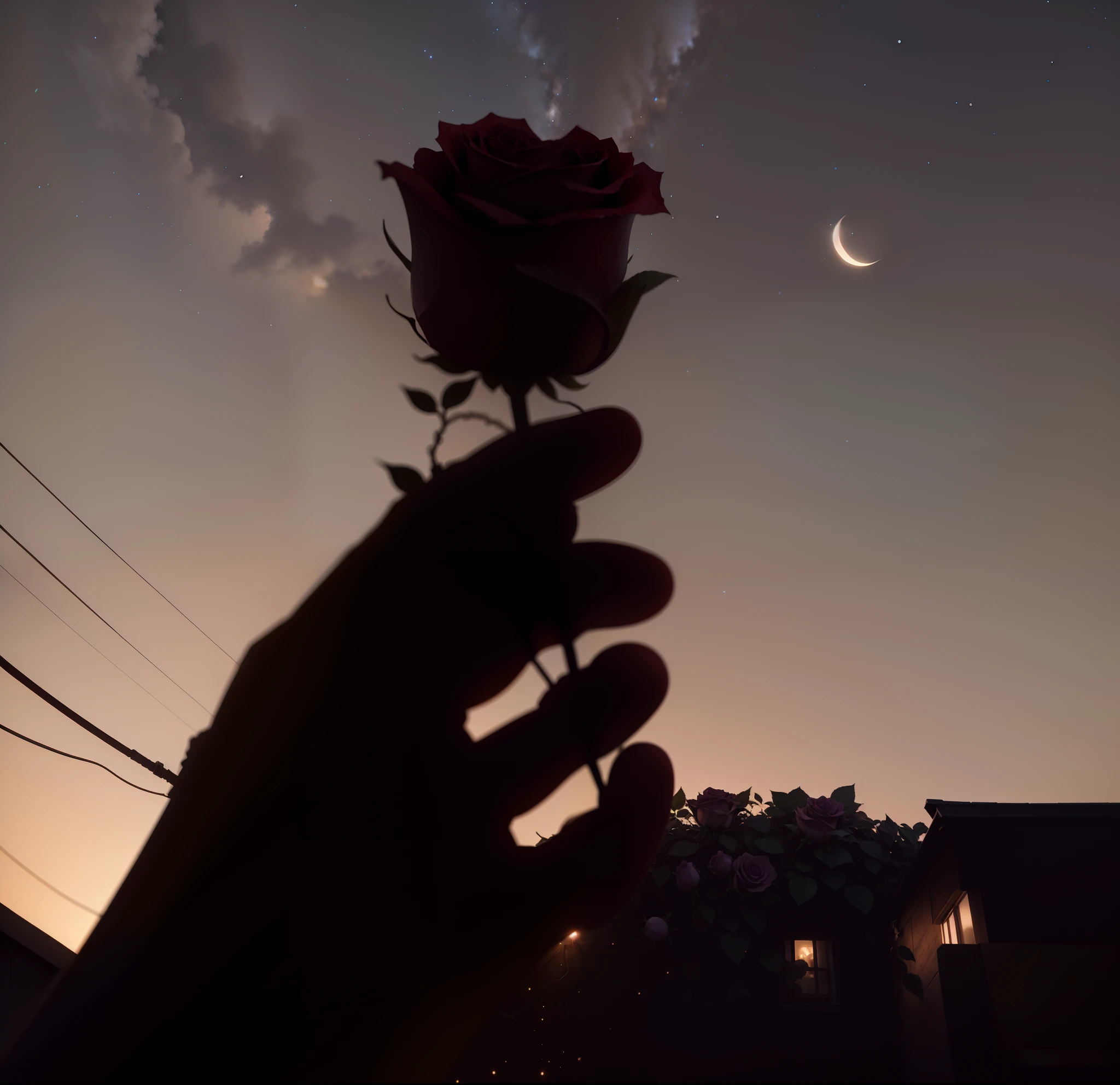 Holding a rose in the hand,A starry night sky,A corner of the house,electrical wires,4k,Extreme,