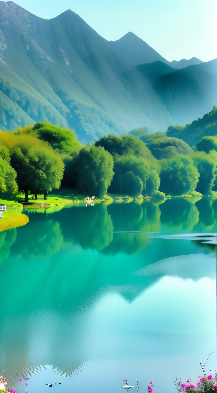 Lake of Love，Excellent image quality，Fresh and natural，Cinematic quality，Wonderland landscape，A dream，The lake is blue，Flocks of wild geese prepare to catch fish，Village touch，Full of Chinese style。