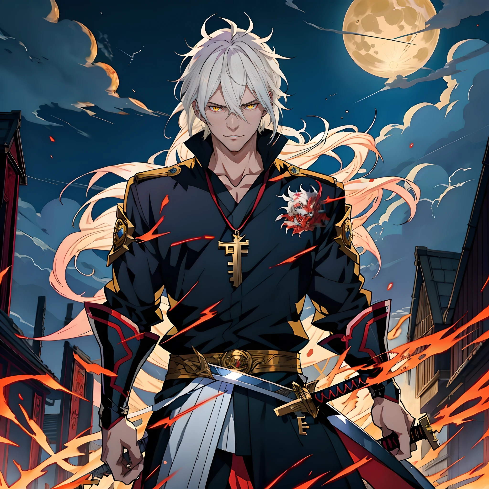 White-haired anime characters, Yellow eyes and sword stand in front of Lightning， Detailed key anime art, White-haired god, Key anime art, detailed anime character art, shadowverse style, handsome guy in demon killer art, full art, rimight, high detailed official artwork, Detailed digital anime art, casimir art, offcial art, detailed anime art, the former demon king