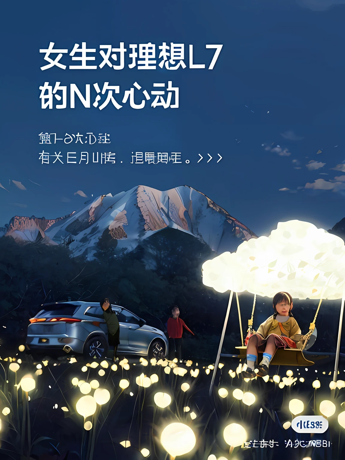 There is a poster，A little friend sits on a swing in the middle of the field, There are many grasses and fireflies on the ground, advertisement picture,