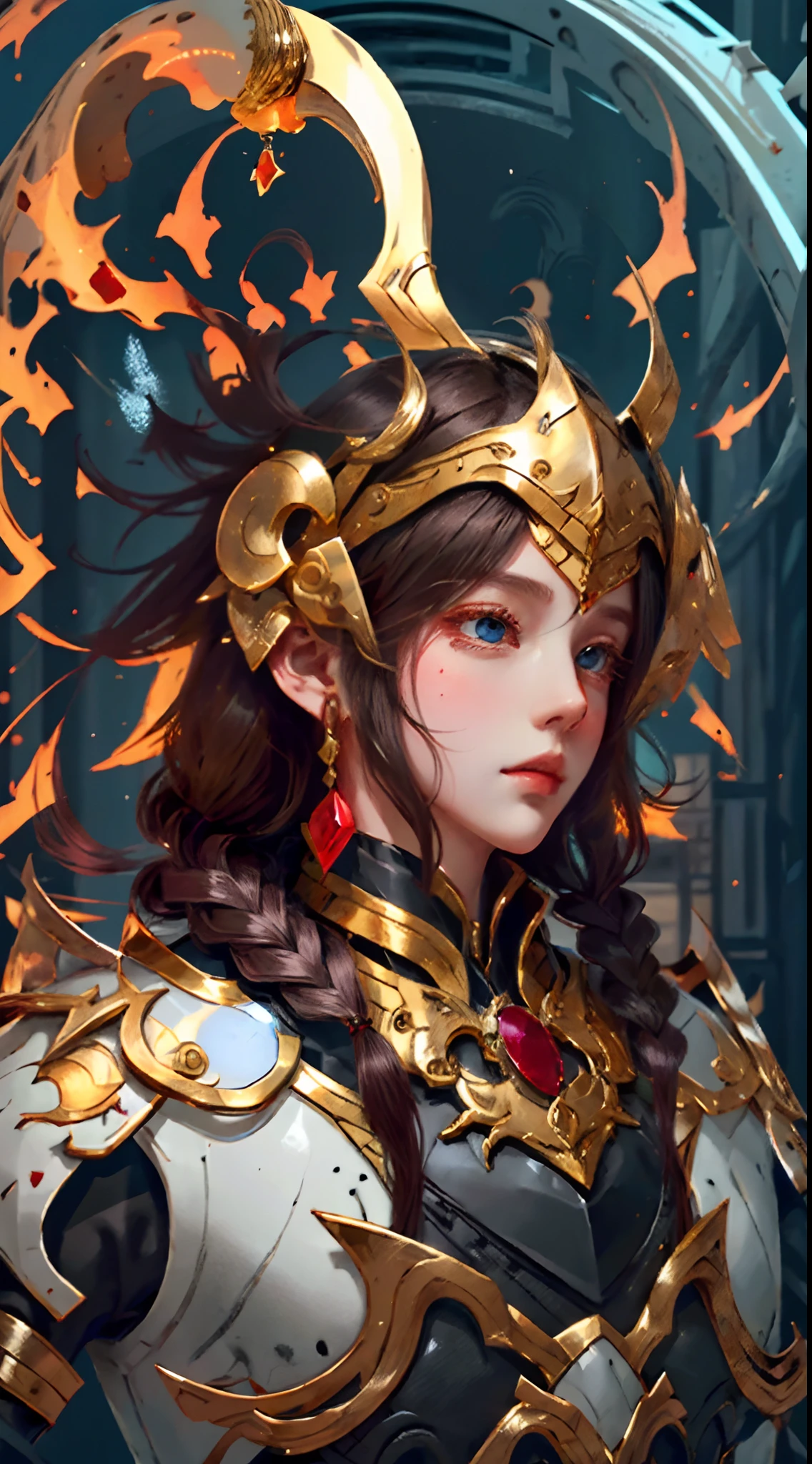 boy，brunette color hair，short detailed hair，There is a small braid，Red eyes，Knight's uniform in black, white, gold and red，There is a ruby brooch on the chest，Big red cape with asymmetrical design