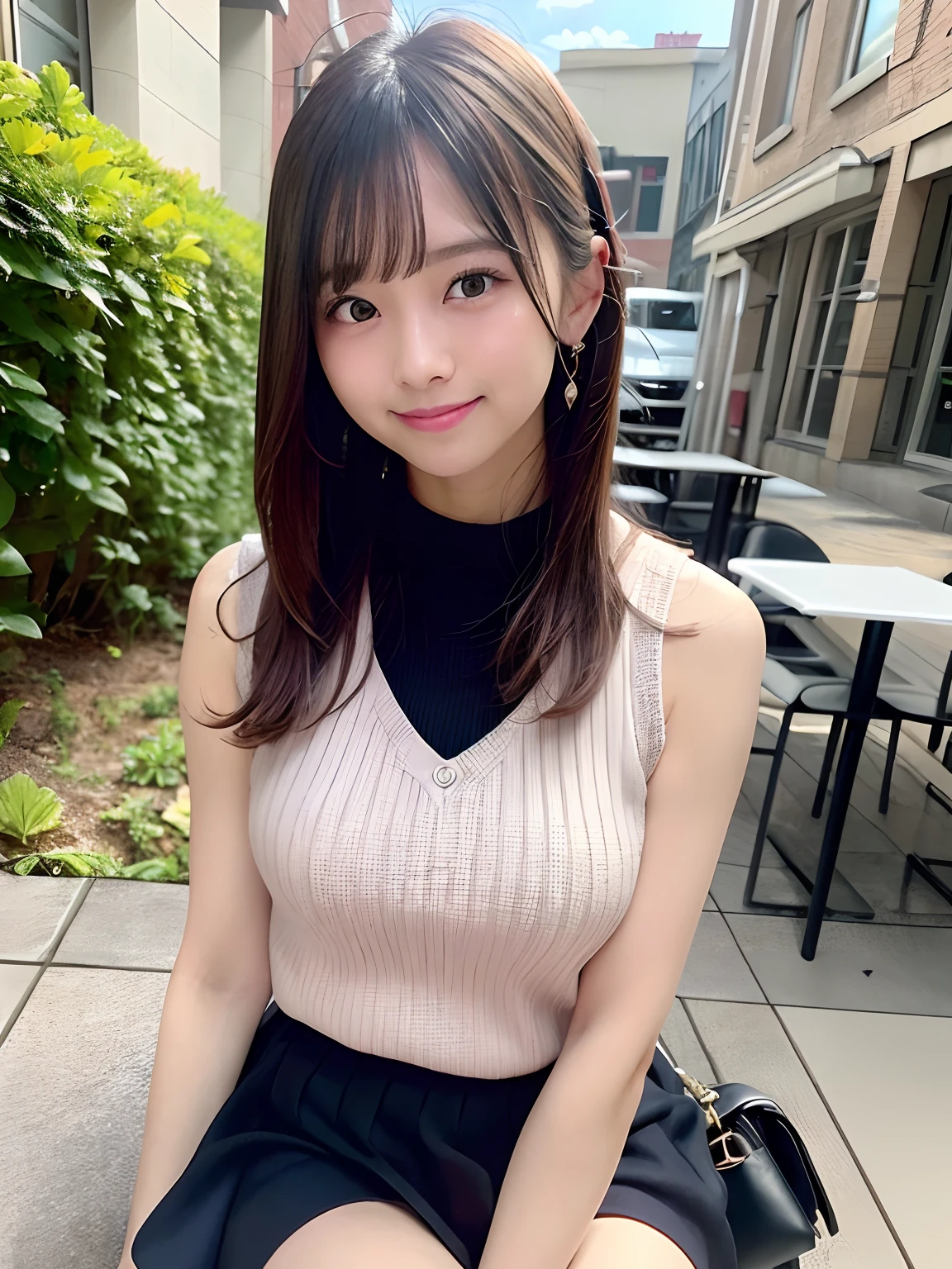 Tabletop、highest quality、figure、 Super detailed、High resolution、8k wallpaper、Perfect dynamic composition,、Beautiful fine details、Medium Hair、(Beautiful big breasts:1.3)、Natural color lips、Bold sexy pose、smile、Harajuku、20-year-old girl、cute、Take a look at the sexy shots of the lens、(highest quality: 1.3), (masterpiece: 1.3), (Super detailed: 1.3), (wallpaper, One person girl: 1.1)、(Detailed hands and fingers:1.2)、(Detailed super oily shiny skin:1.1)、Greasy, shiny thighs、(Perfect beautiful pink sleeveless knit top:1.4)、Grey and white checked shorts、(Brown pantyhose:1.3)、Brown Hair、short hair、Swinging Hair、Beautiful sister、(garden:1.2)、(Beautiful big breasts:1.2) 、Are standing、stoop down、My chest is visible