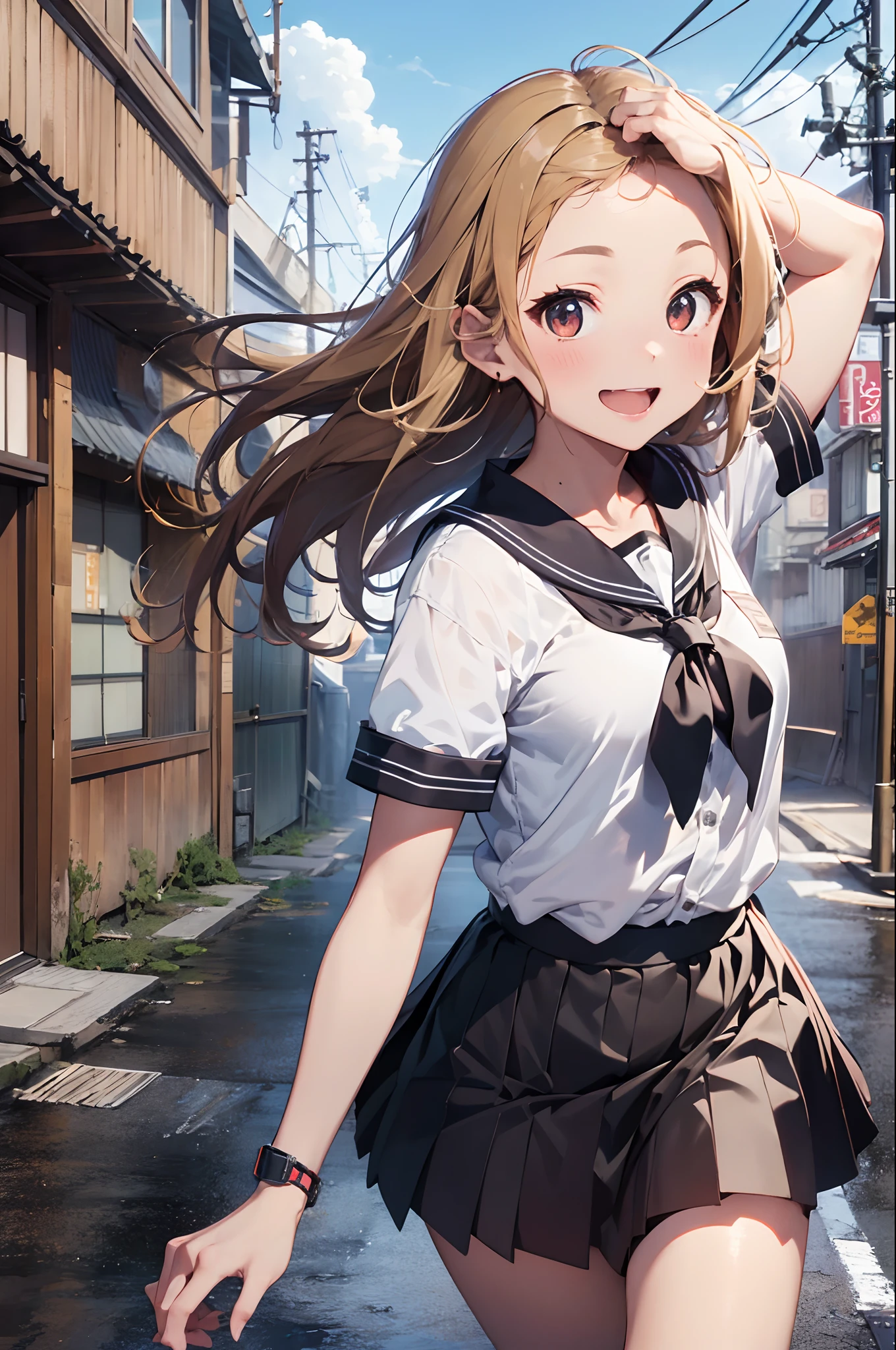 (8K, Raw photography, top-quality, masterpiece:1.2), 1girl in, 3 d, a blond、The long-haired、Rear view、Japan short-sleeved sailor suit、Asian, No bangs、(Bring out your forehead:1.2), School route、(Skirt swaying in strong wind:1.2)、A smile、Turned、dynamic motion