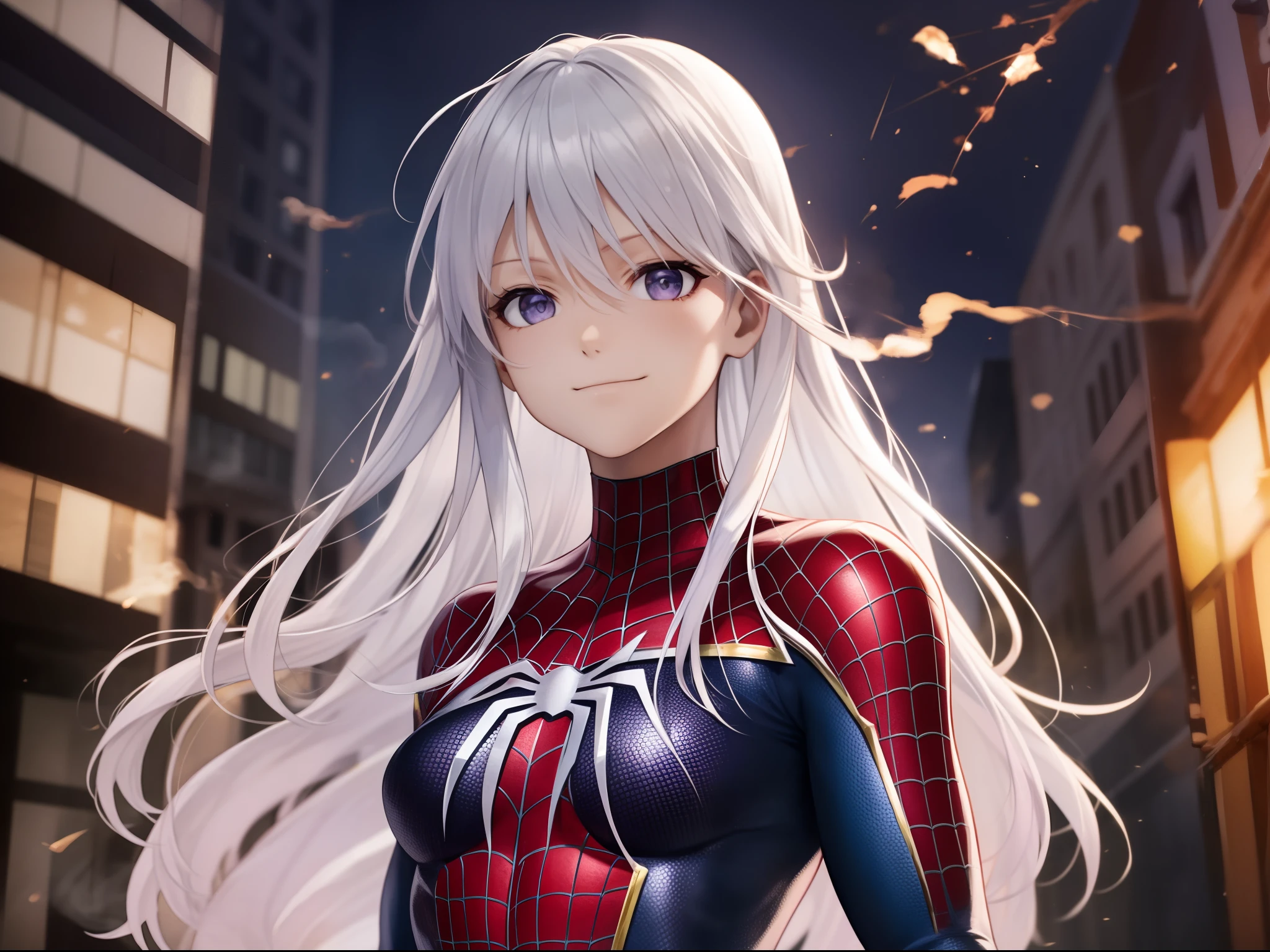 Enterprise in detailed Spider-Man costume,medium breasts,superhero pose,standing in ruined city,smoke,sparks,(8k),scratches,close-up,detailed face,white hair,purple eyes,long hair,embarassed,small smile face,