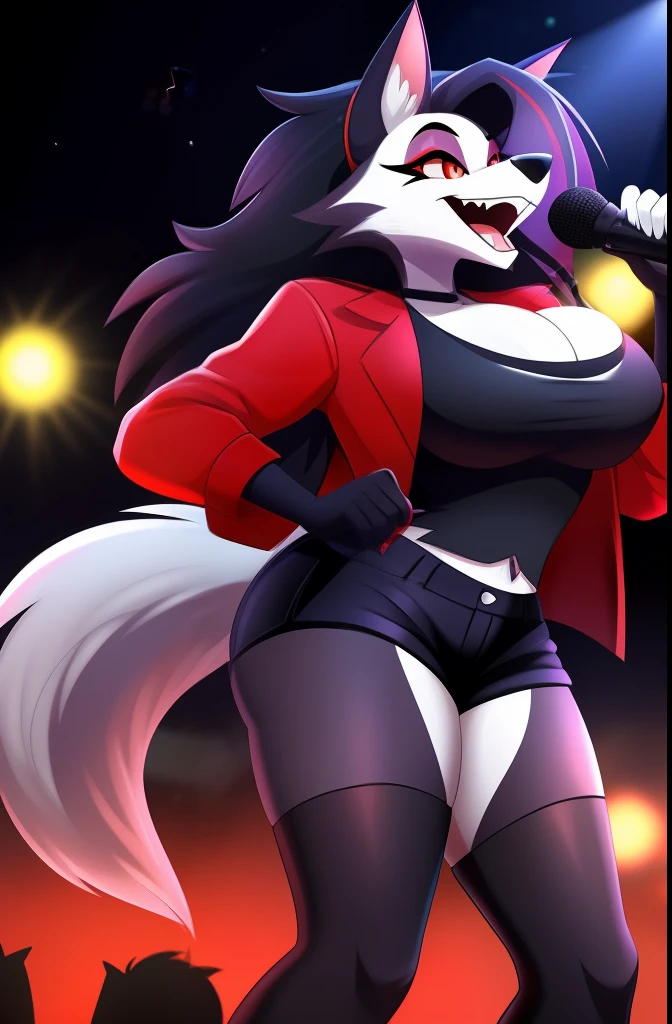 best quality, solo, 1 girl, wolf face, Eyelashes in the eyes, (visible white iris), (scarlet sclera), much long fluffy hellhound tail, (Hellhound), expression excited, open the mouth for sing, wolf female, furry female, (much long black and red gradient hair), wearing (red jacket with black tank top) and (black short shorts), (curved wolf legs), (bare wolf feet), anthropomorphic, bigger breasts and bigger butt, in top of a music event, (best detailed), (playing a music on eletric guitar with headset microphone singing), ((Helluva boss))