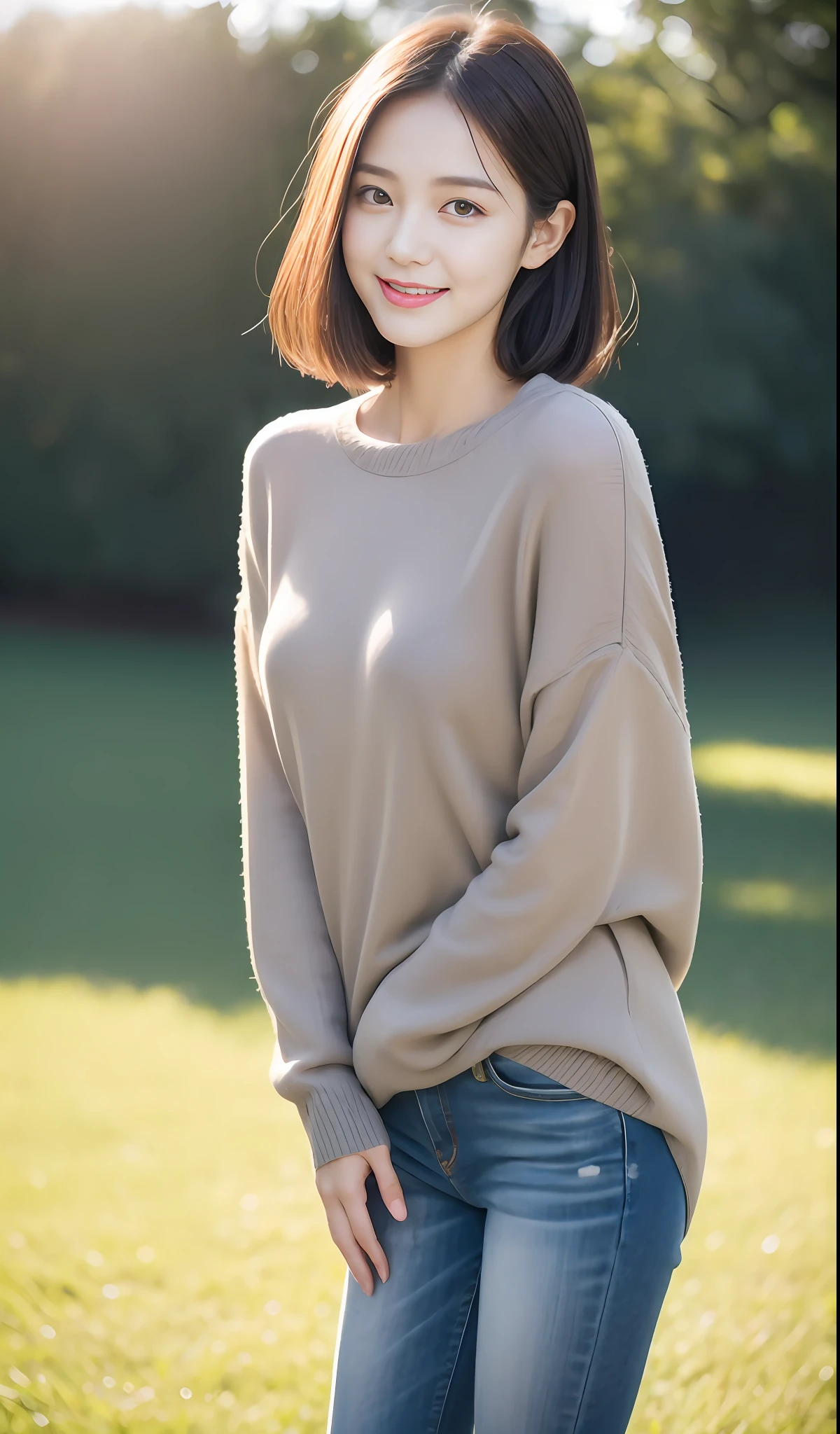 (rain, grassy fields: 1.3), 1 beautiful woman taking pictures on the grass,RAW photos,tmasterpiece,(highdetailskin:1.2),8k ultra high definition,digital SLR camera,gentlesoftlighting,high high quality,filmgrain,富士XT3,20 years old Asian woman,Dark gray skinny sweater(Slim,Fit snugly to the body,Show beautiful curves)and trendy jeans with open navels,Detailed clothing details:1.5,perfect body figure,Perfect breasts and nipple bulge,The calves are straight and slender,((Branded fashion travel shoes:1.5)),Melon seed face,short detailed hair,Super detailed facial details and skin,Fair face and fair skin,二重まぶた,Super detailed eyes,A sweet smile,Beautiful accessories,(Gloss on lips, eyeslashes, Glossy face, Best quality, Super high resolution, warm color,Wide lighting, naturalshadow), Kneel on the grass and play,Pose coquettishly,Show off your sexy figure, Full body shooting: 1.8