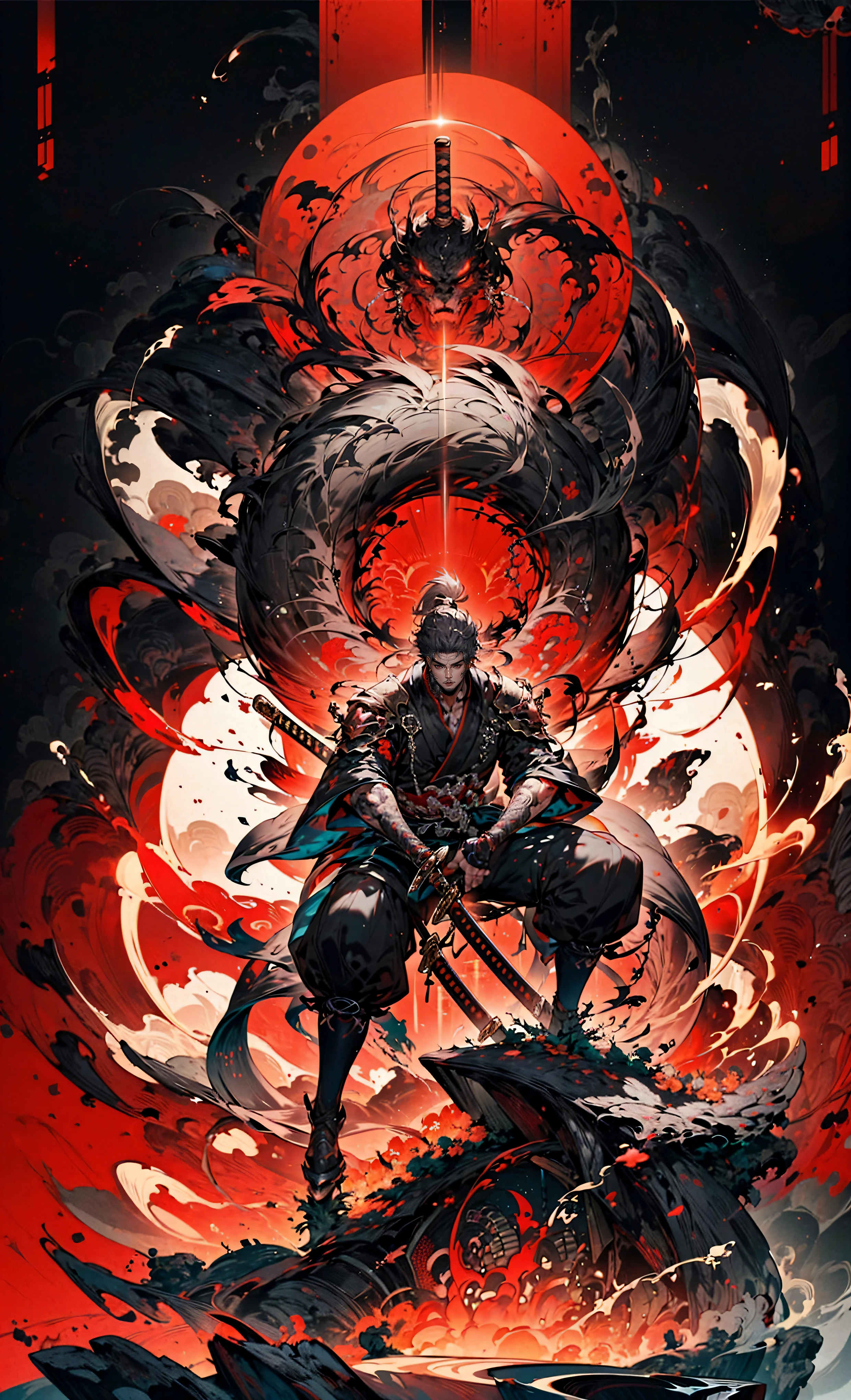 1boy, weapon, male focus, , long hair, , , holding sword, , , standing, armor, grey hair, sheath, pectorals, , belt, scabbard, shoulder armor, full body, smoke, facial hair, jewelry, pants, red eyes, , muscular, ,,
FH