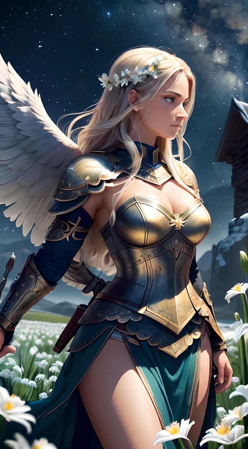 ((masterpiece)), ((best quality)), 8k, high detailed, ultra-detailed,
A Nordic Valkyrie standing tall in a sea of lily-of-the-valley flowers under the starry sky, gripping her weapons with both hands, gazing up at the stars, lost in thought,
Nordic Valkyrie, starry sky, lily-of-the-valley flowers, weapons, gazing, stars, strength, grace, contemplation, mythical, powerful.Side image，Full body like，realistic，skin textures