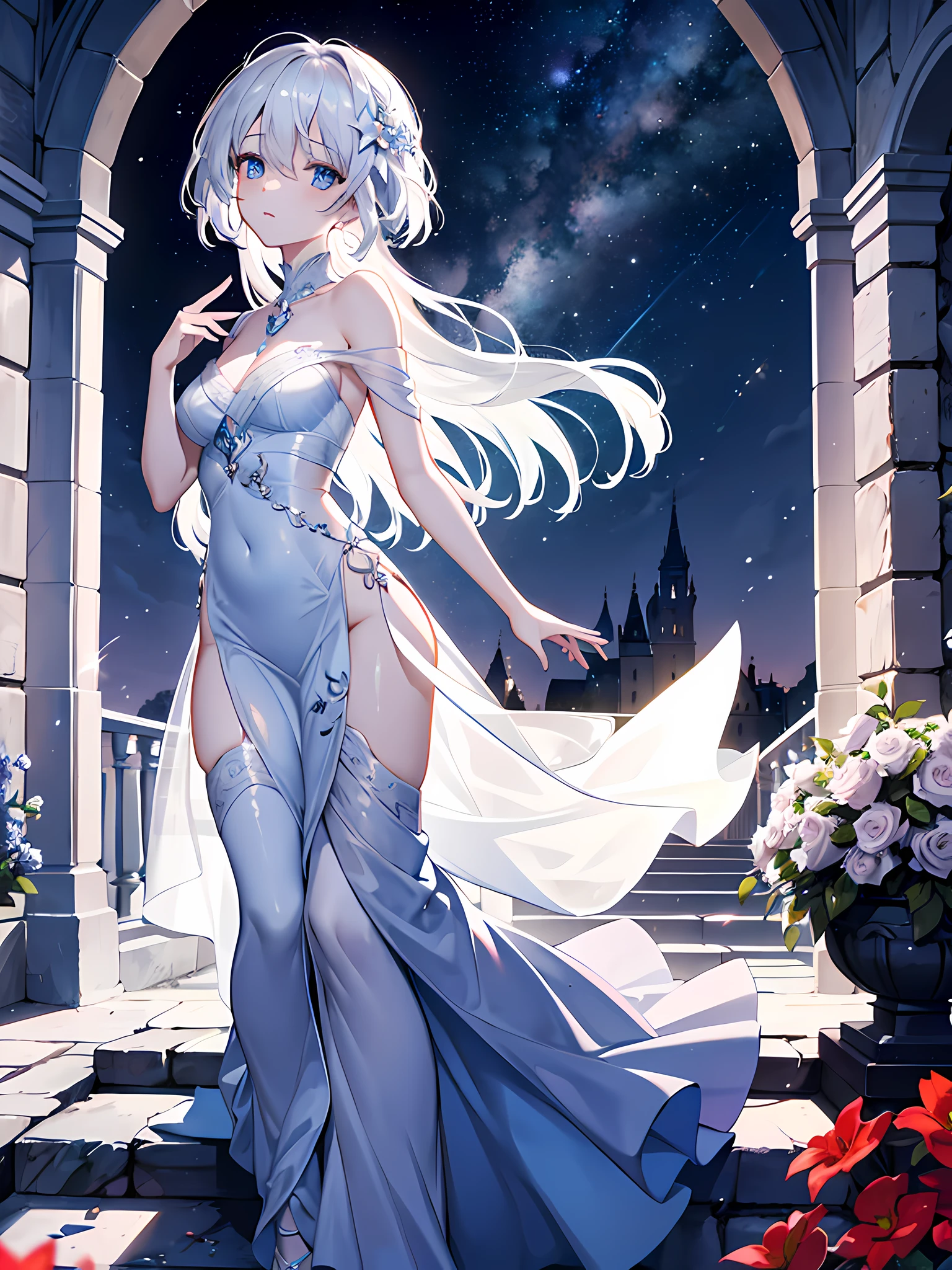 A girl of enchanting allure, exuding an air of subtle seriousness that only amplifies her charm. Draped in a dress as graceful as a moonlit cascade, she navigates through a garden, each step a measured dance of poise. Around her, the world seems to hold its breath, as if in awe of her presence. Her gaze, a window to a universe of thoughts, draws you in, inviting you to unravel the mysteries behind those eyes.