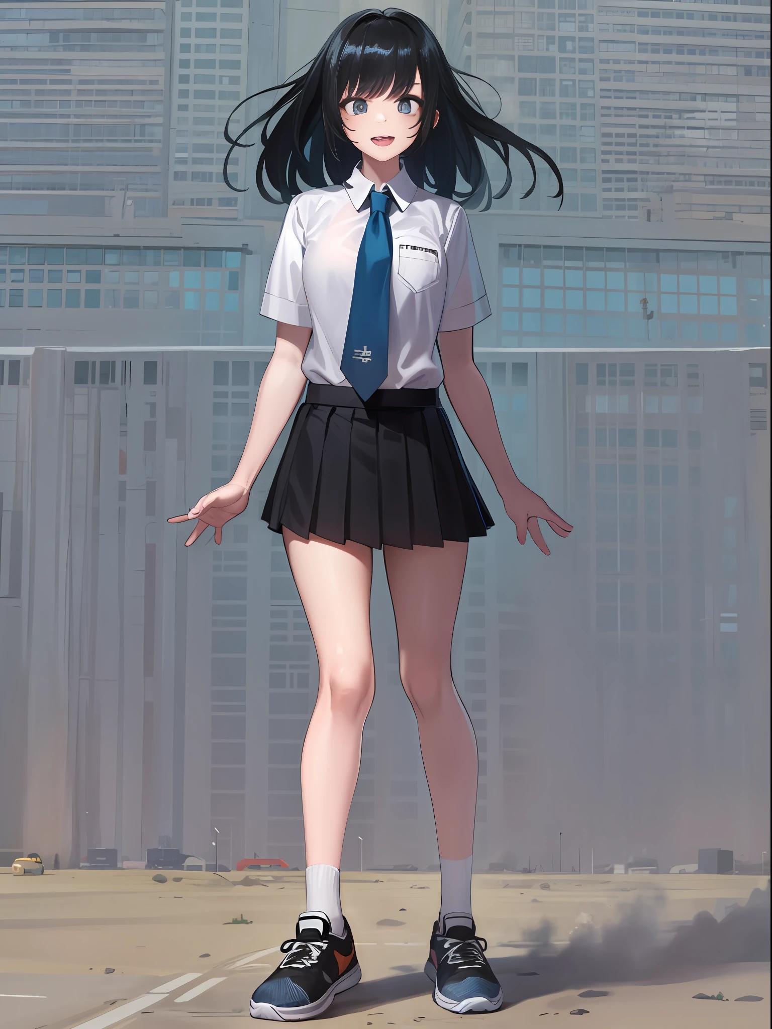 1girll, Two legs, Two hands, Bigger than the building, Black hair, blue eyes, bangs, suit, black tie, Black pleated skirt, Black socks, Sneakers, excited, Bright pupils, Anatomically correct, Textured skin, GTSCity