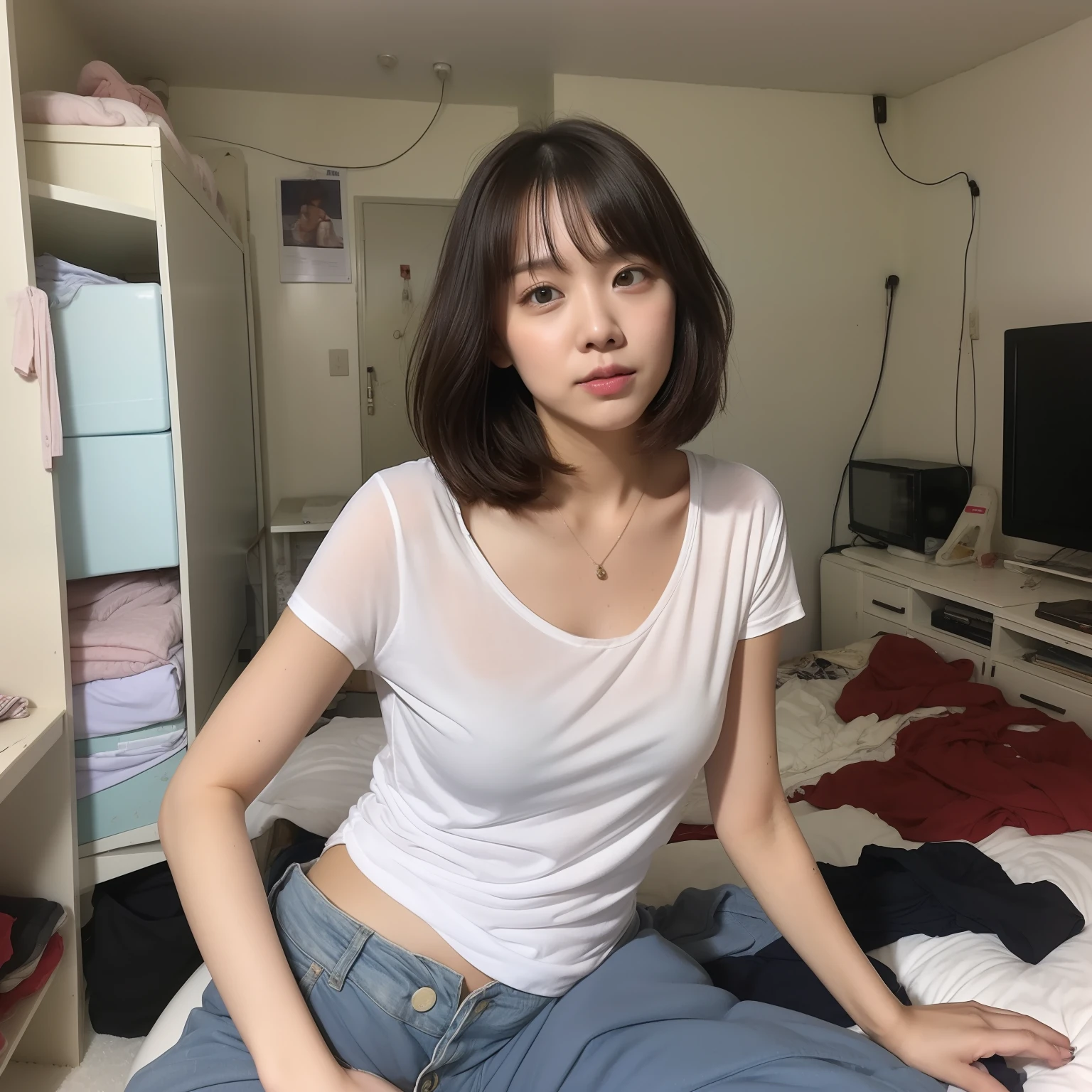 8K ultra hd, masterpiece, one girl, beautiful girl, asian, shiny black short hair, white shiny skin, cute face, naked, perfect body shape, in the bedroom, bright, sitting, sharp nose, cute  girl, lift feet, open crotch, open vagina , school girl, white t-shirt