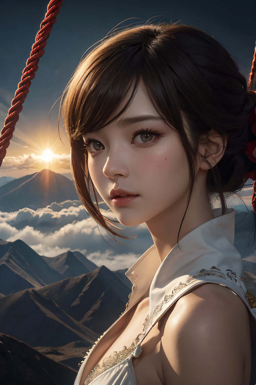 (dark brown eyes:1.2)、Red and black and a little white、mountain ranges、The dragon、Near future、sea of clouds、the morning sun、wanting、grand、(1womanl:1.2),Giant Swing、Fly over the mountains,)devastated,Shining Weapon,Dynamic Angle, Splash Art, [(Art Book: Art Book: Art Book. Art Book.:0.8)|Art by Lyubov Popova], Octane Render, Unity 8k壁纸, ultra-detailliert, Beautiful and aesthetic, Extremely detailed, Dynamic Angle, Most Beautiful Form of Chaos, Elegant, a brutalist designed, vivd colour, barroco, by james jean, roby dwi antono, by Ross Tran, Francis Bacon, michal mraz, Adrian Ghenny, petra cortright, Gerhard Richter, Takato Yamamoto, Ashley Wood, Atmospheric, ecstasy of musical notes,Sun Knight, (High Definition CG Illustration), (1girl in:1.2),high quality texture, Intricate details, Detailed texture, high detailing, extremely details CG, high quality shadow, realistic representation of face, Detailed beautiful delicate face, Detailed beautiful delicate eyes