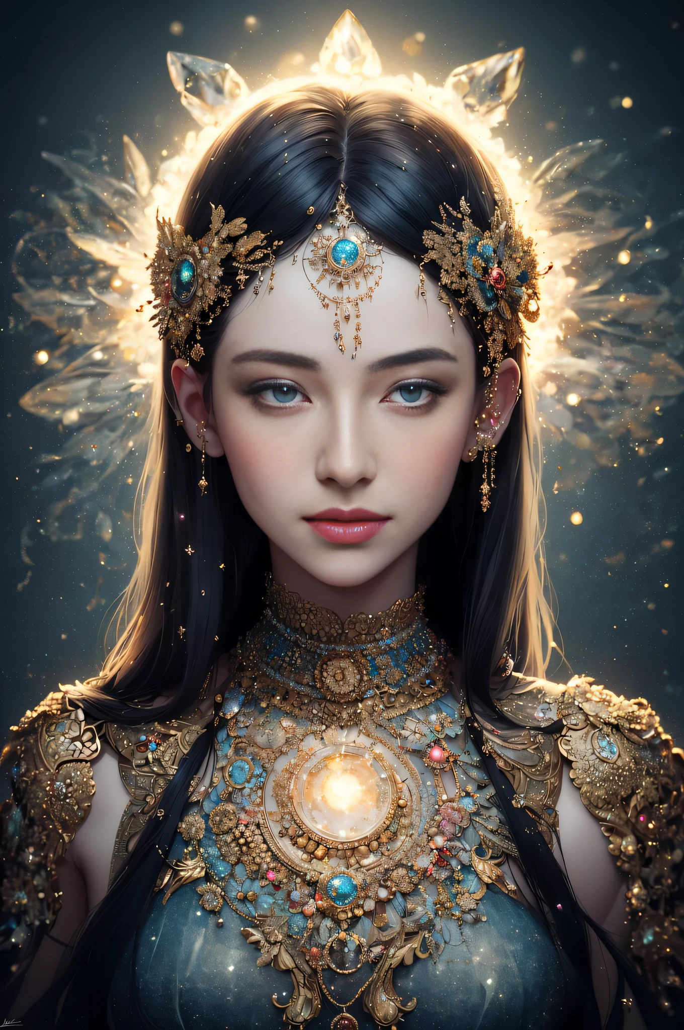 One wears a crown on his head，Woman in blue dress, a beautiful fantasy empress, ((a beautiful fantasy empress)), a stunning portrait of a goddess, beautiful fantasy art portrait, beautiful fantasy art, digital fantasy art ), beautiful fantasy portrait, portrait of a beautiful goddess, karol bak uhd, detailed fantasy art, trending digital fantasy art, Goddess. Extremely high detail