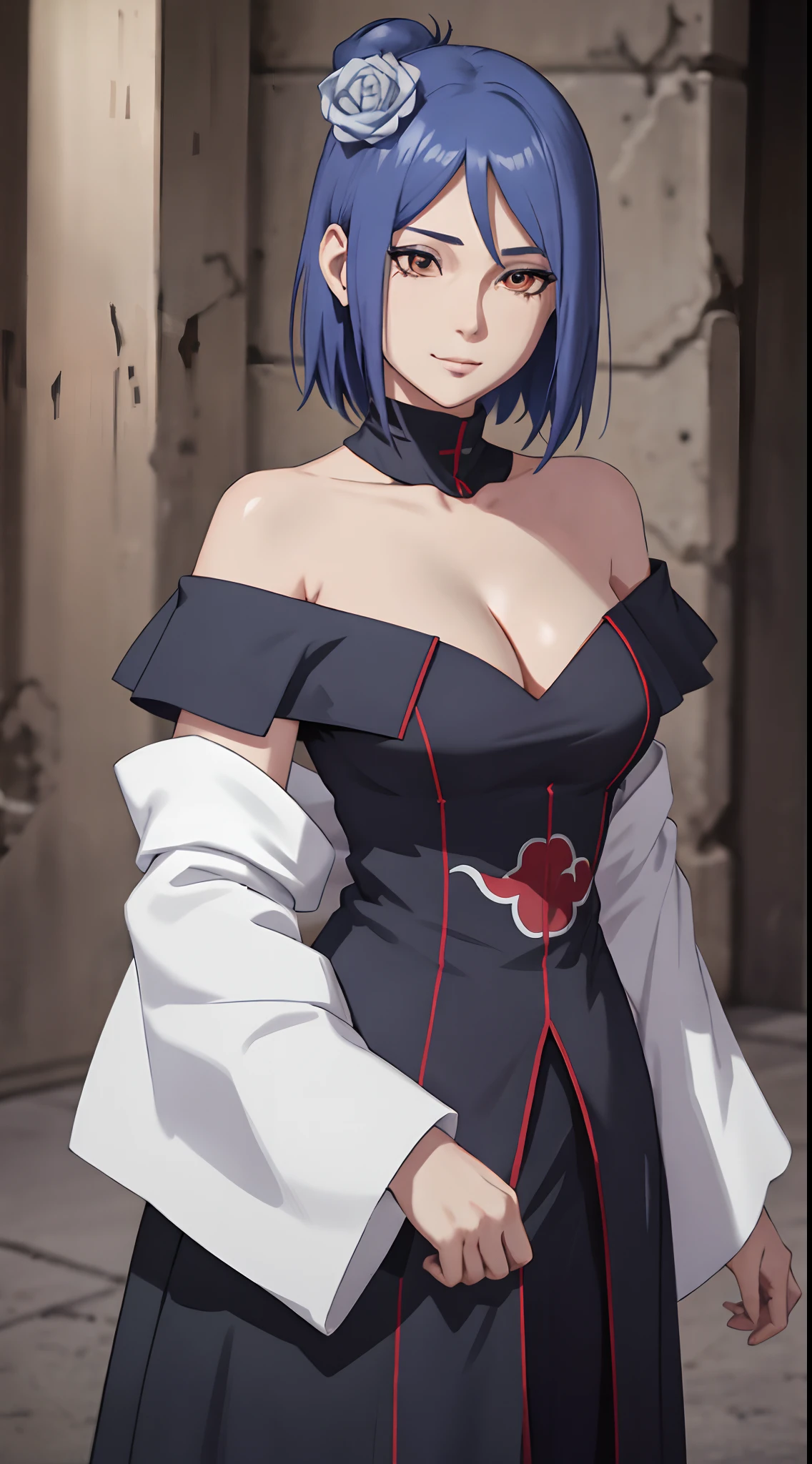 (8K,RAW photos),(best qualtiy),(tmasterpiece),(realisticlying,)(Photorealistic and realistic),(A high resolution),Hyper-detailing,(hentail realism:1.1),beauitful face,1girll,,looks into camera,jpn,Xiaonan\(Naruto\),(AKATSUKI OUTFIT:1.1),(((cleavage))),(((Off-the-shoulder attire))),ssmile,(Be red in the face),upper body photos,dark-blue hair,(Flying White Paper:1.5),profesional lighting、photon maping、physically-based renderingt、Dark theme