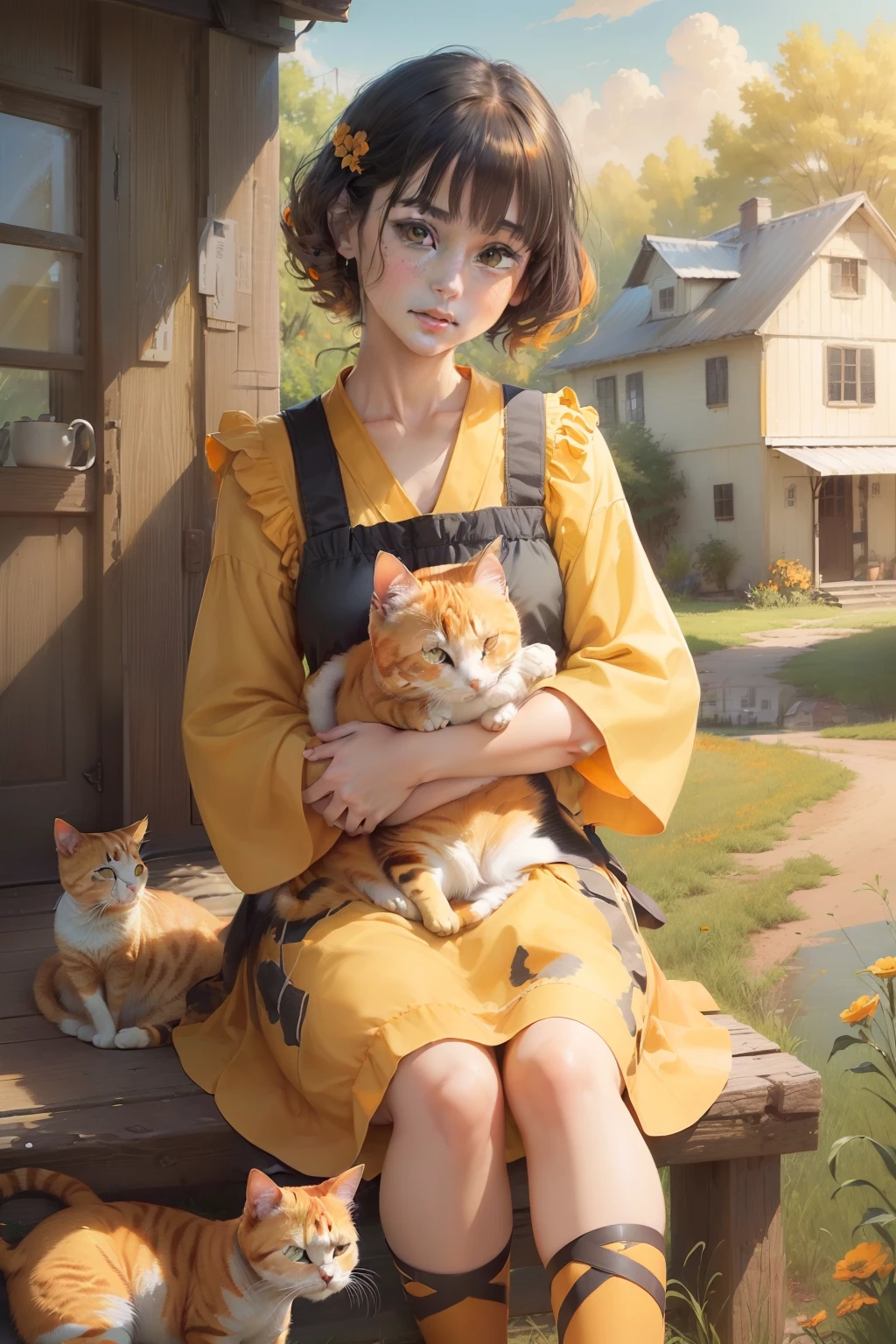 Anime girl with cats sitting on a bench in front of a house - SeaArt AI