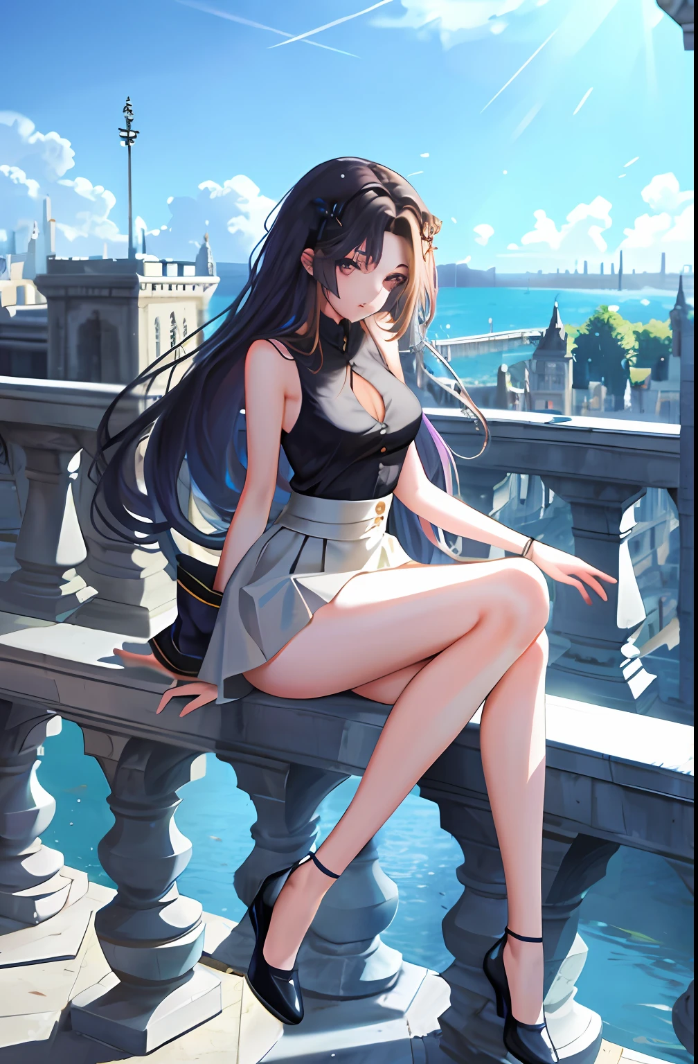 (Masterpiece level,Complicated details,Ultra-high sharpness,best qualtiy,Ultra HD quality),Detailed shadows,Fantastical Atmosphere,localized light,A pure and beautiful girl,Personal presentation,Delicate and detailed face and eyes,True skin fit,Beautiful outfit,High waist and slim leg line,tempting pose,Balcony background,view over city,(sleeveless t shirt,Full body presentation)