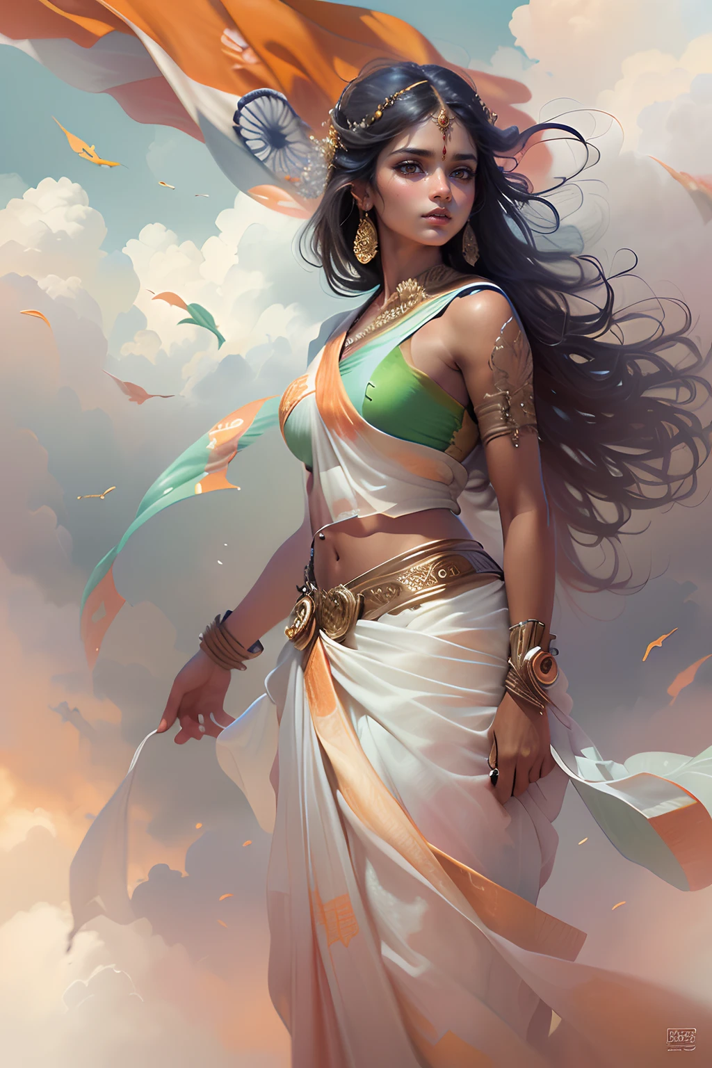 ((best quality)), ((masterpiece)), (detailed), (beautiful face), 1girl, Indian hindu girl, ((wearing indian flag as saree)), ((Indian flag waving in background)), patriotic, ethereal beauty, (fantasy illustration:1.3), captivating pose, partially naked, otherworldly charm, (Luis Royo:1.2), (Yoshitaka Amano:1.1), soft colors, (detailed cloudscape:1.3), (high-resolution:1.2)