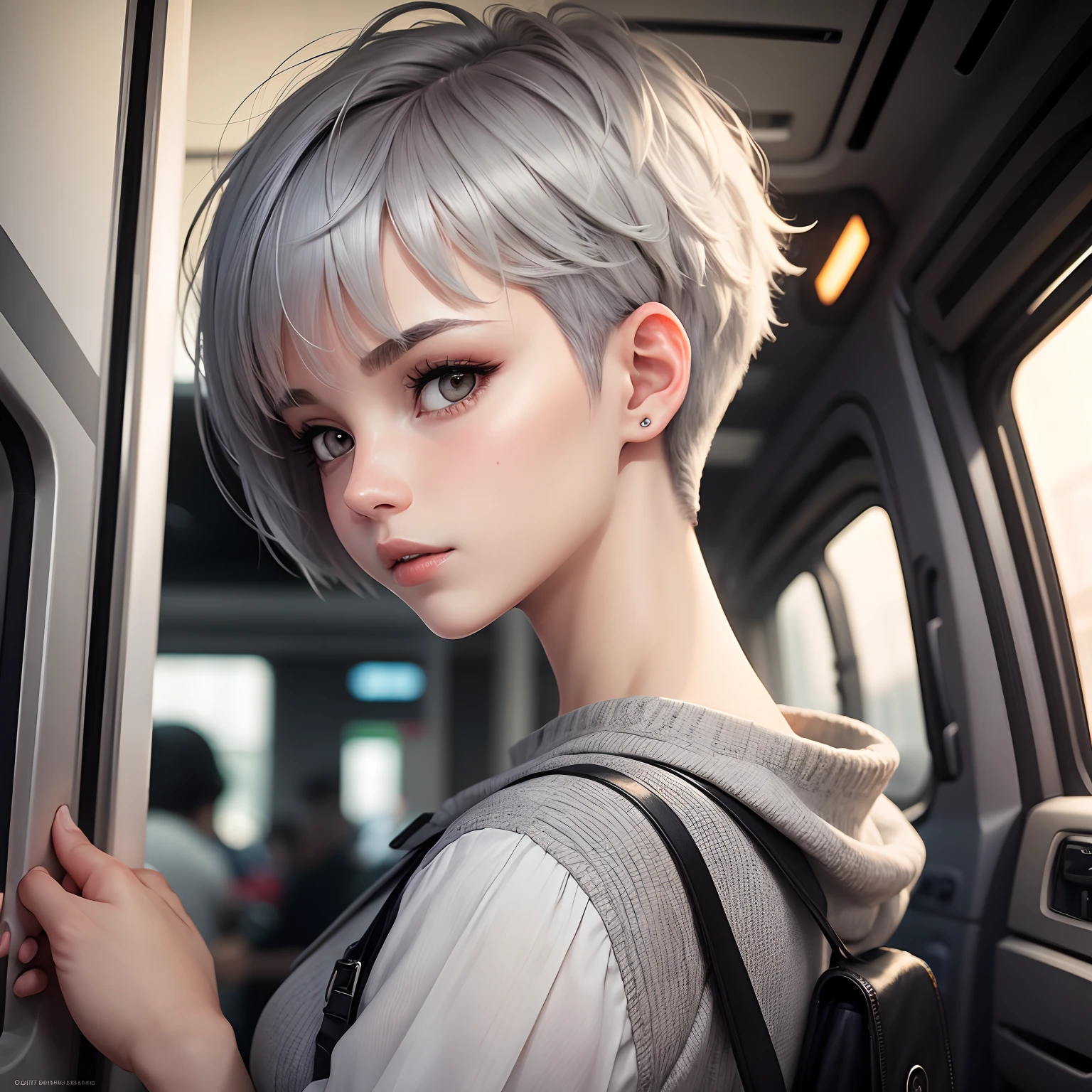 Very short hairstyle、Little fat girl、white  hair、short-haired、A little angry face、Grumpy face、Autumn landscape、Hair illuminated by the sun、
