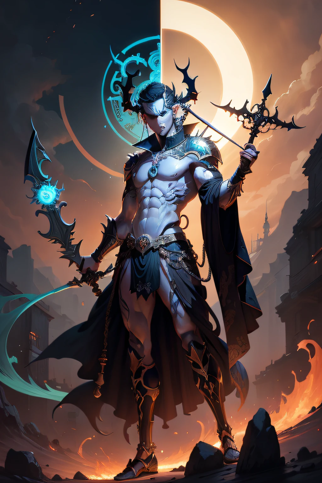 A man with a sword and a demon,beautiful male god of death,mohrbacher,Inspired by Shunkōsai Hokushu,In the art style of Mohrbacher,Apollo in ancient Greek mythology,god of the sun,Inspired by Ryūkōsai Jokei,Style Peter Molbach