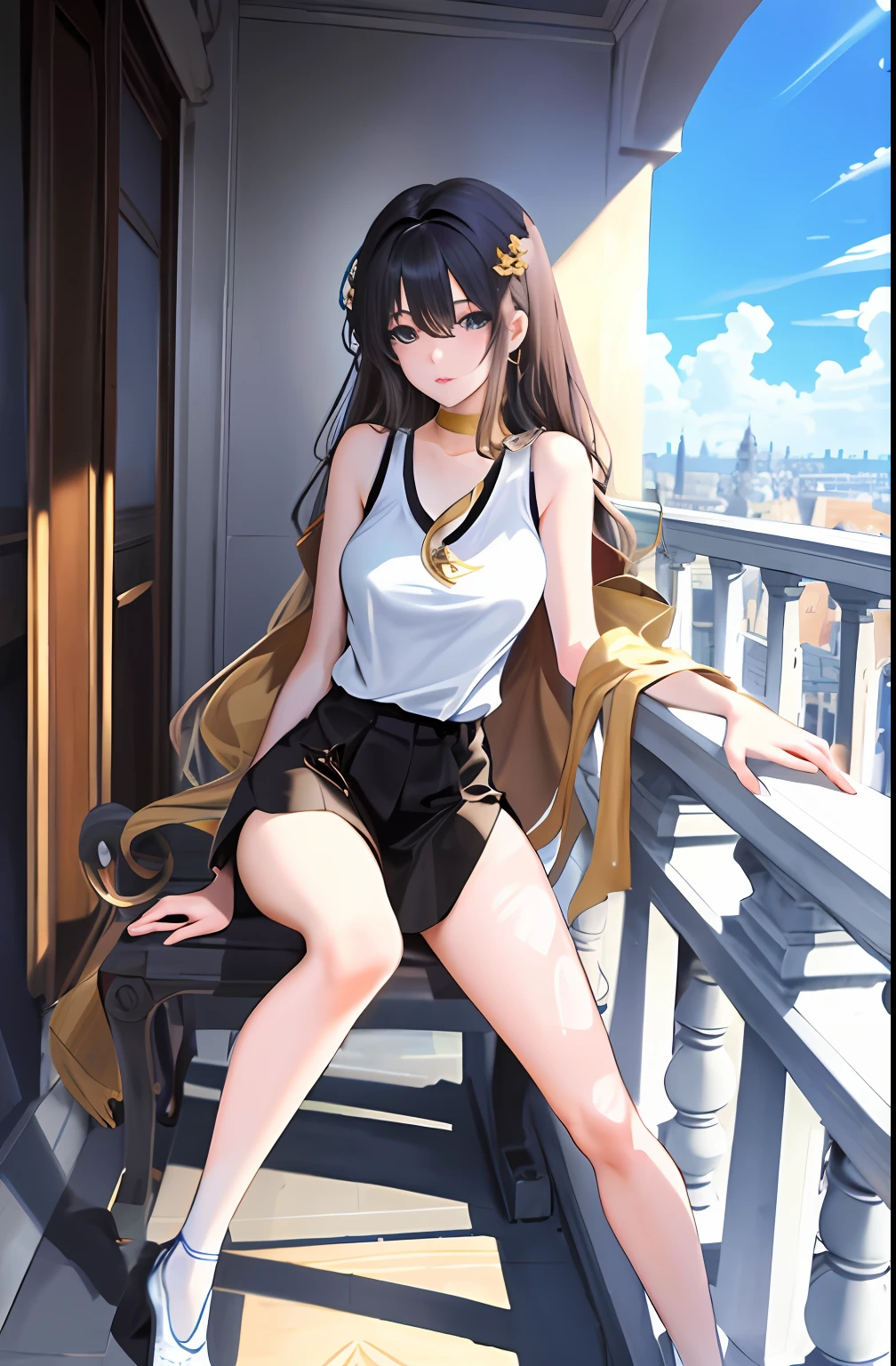 (Masterpiece level,Complicated details,Ultra-high sharpness,best qualtiy,Ultra HD quality),Detailed shadows,Fantastical Atmosphere,localized light,A pure and beautiful girl,Personal presentation,Delicate and detailed face and eyes,True skin fit,Beautiful outfit,High waist and slim leg line,tempting pose,Balcony background,view over city,(sleeveless t shirt,Full body presentation)