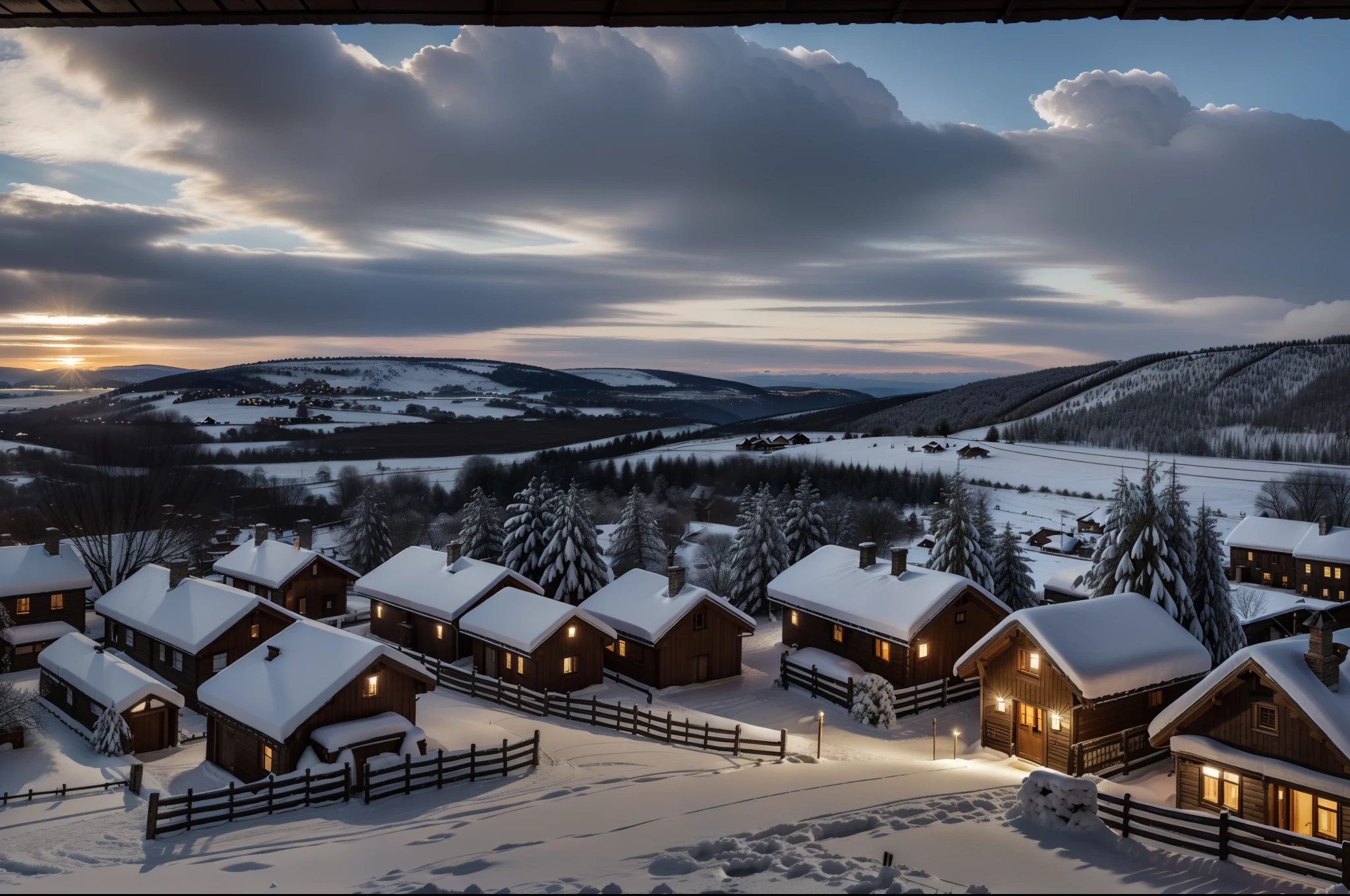 early evening,Overlooking the whole village,Panorama of the village,The whole village is covered in snow,Fenced yard,The chimney of the house smoked,The windows sparkled