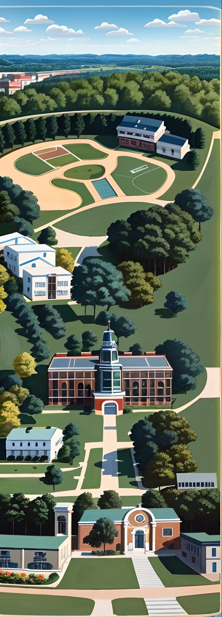 Cartoon illustration of school campus map with pond and tennis court, town center background, town background, highschool background, Detailed 2D illustration, residential area, small town surrounding, aerial illustration, Isometric map, Top view map, Game map, detailed digital illustration, japanese town, detailed school background, Highly detailed illustration, colorful illustrations, detailed scene