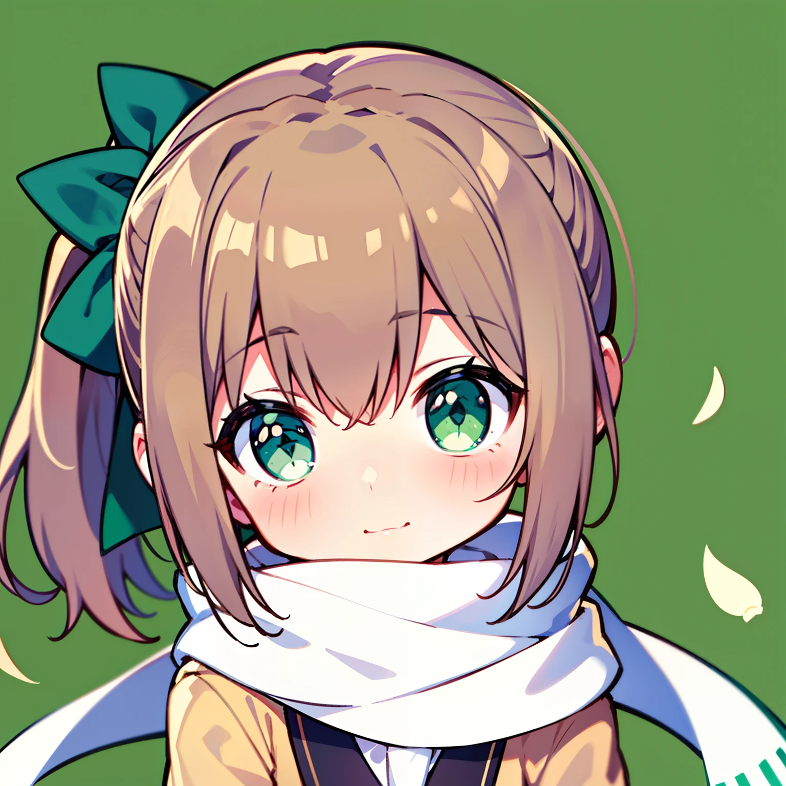 head portrait,Small loli,Green eyes,White scarf,Well-behaved and cute,Brown side ponytail,green colored theme,Small white petals