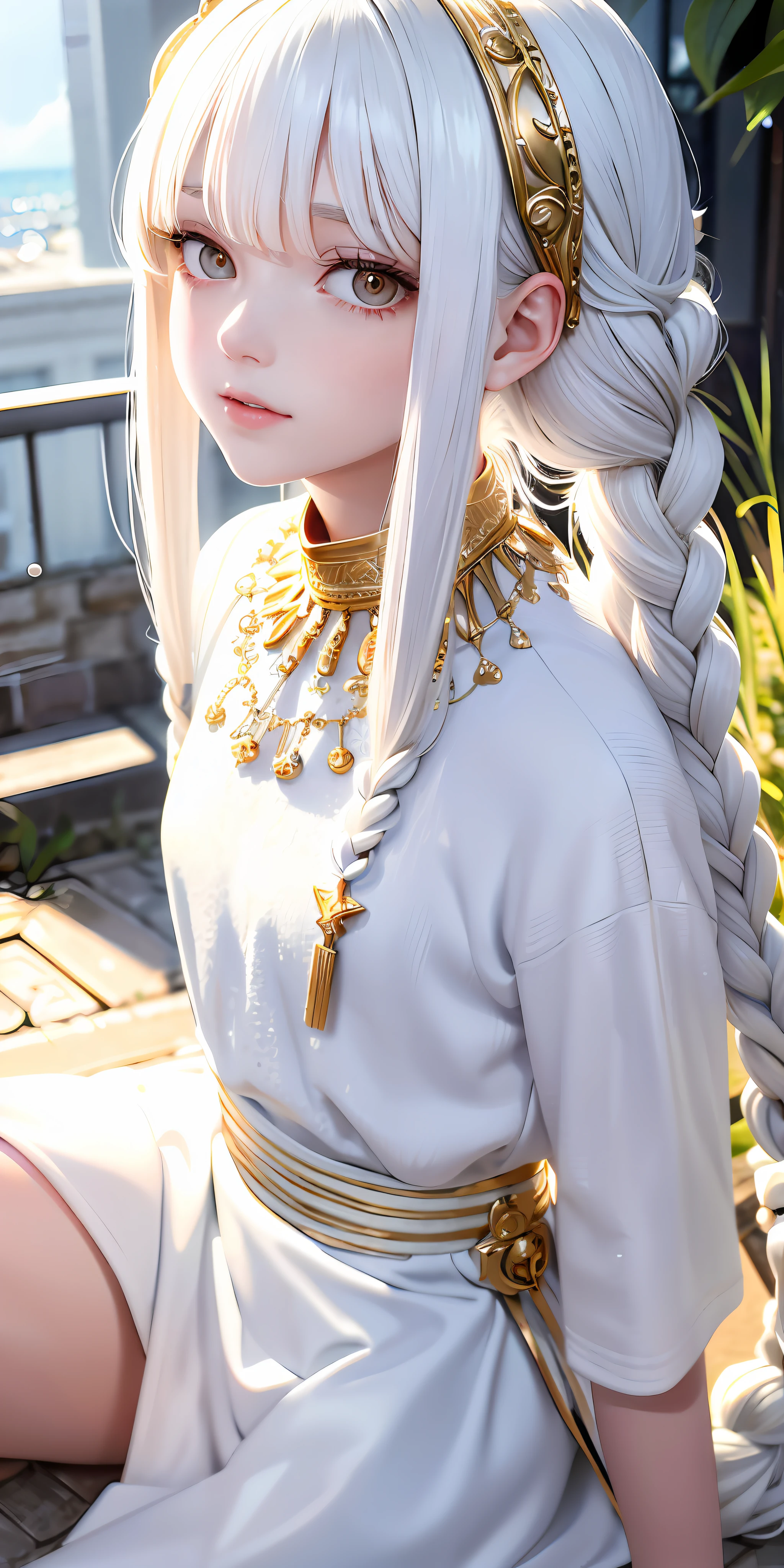 best quality, masterpiece,white hair, gold eyes,white clothes, looking up, upper body,hair strand,Fair skin,side braids