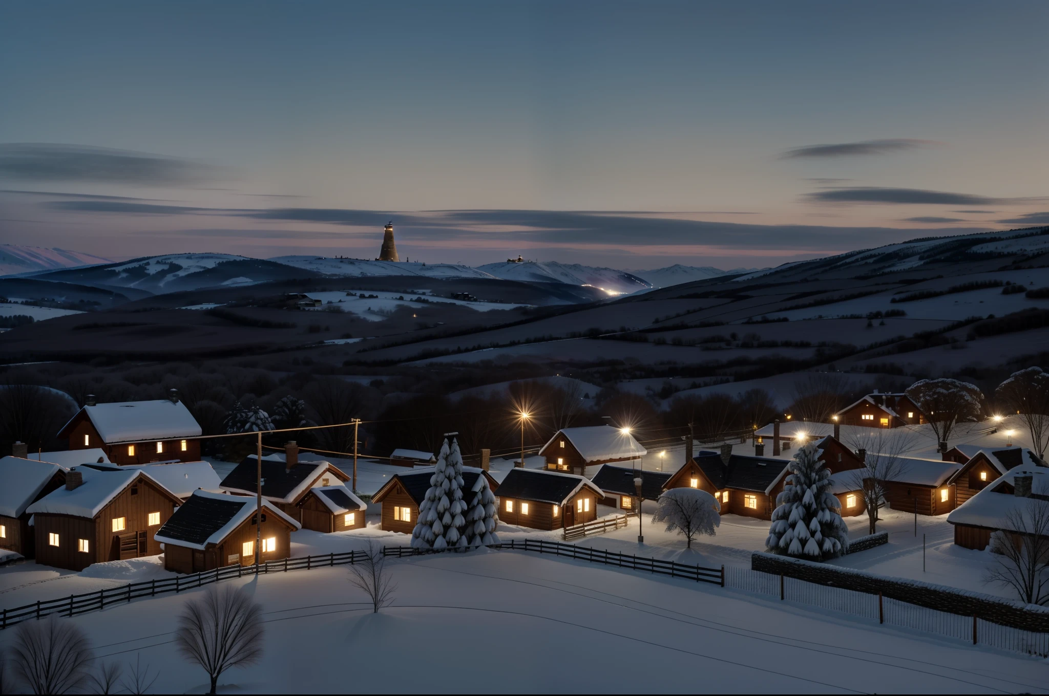 early evening,Overlooking the whole village,Panorama of the village,The whole village is covered in snow,Fenced yard,The chimney of the house smoked,The windows sparkled