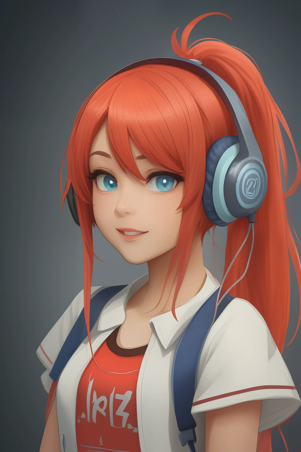Kizi,cheerful,With blue headphones,long whitr hair,eBlue eyes,Orange hair with a little pink,high qulity,There is a ponytail tied next to it