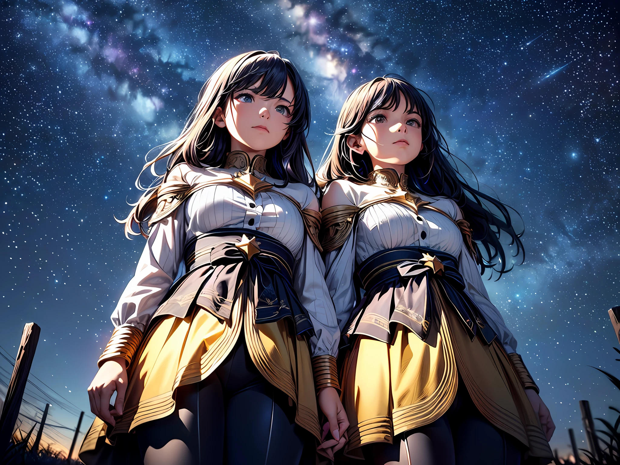 (wide shot),
(Under the starry sky, you stand, surrounded by beautiful shining stars. Looking up at the sky, you seem to be contemplating something. Your expression is quiet and calm, as you face yourself under the starry sky.:1.3), (best quality, extremely colorful, high detailed, super fine illustration, ultra-detailed resolution, high detailed CG, extremely detailed CG:1.12),(reflection),